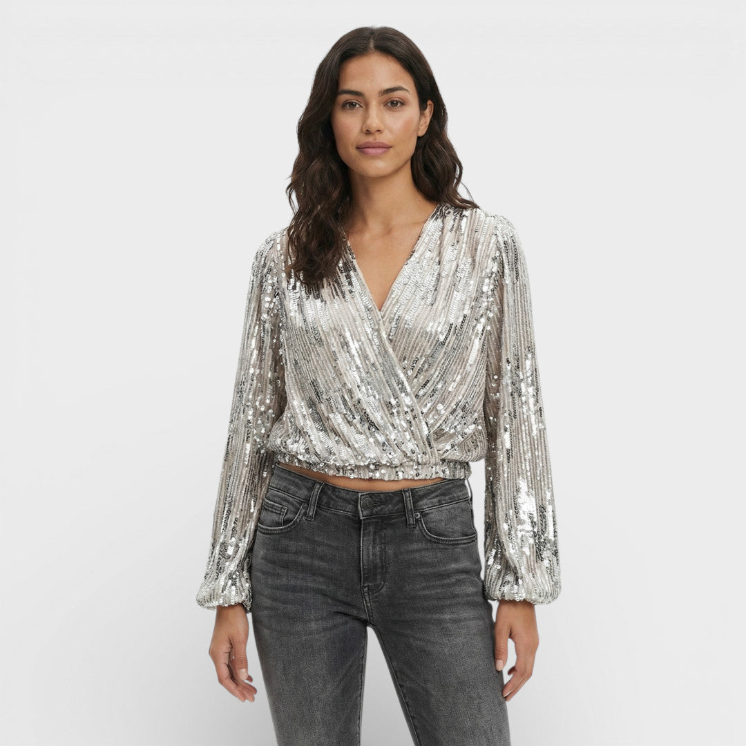 Blusa Fiesta Mujer Lentejuelas Escote Pico Manga Larga Elegante para Ocasiones Especiales 0