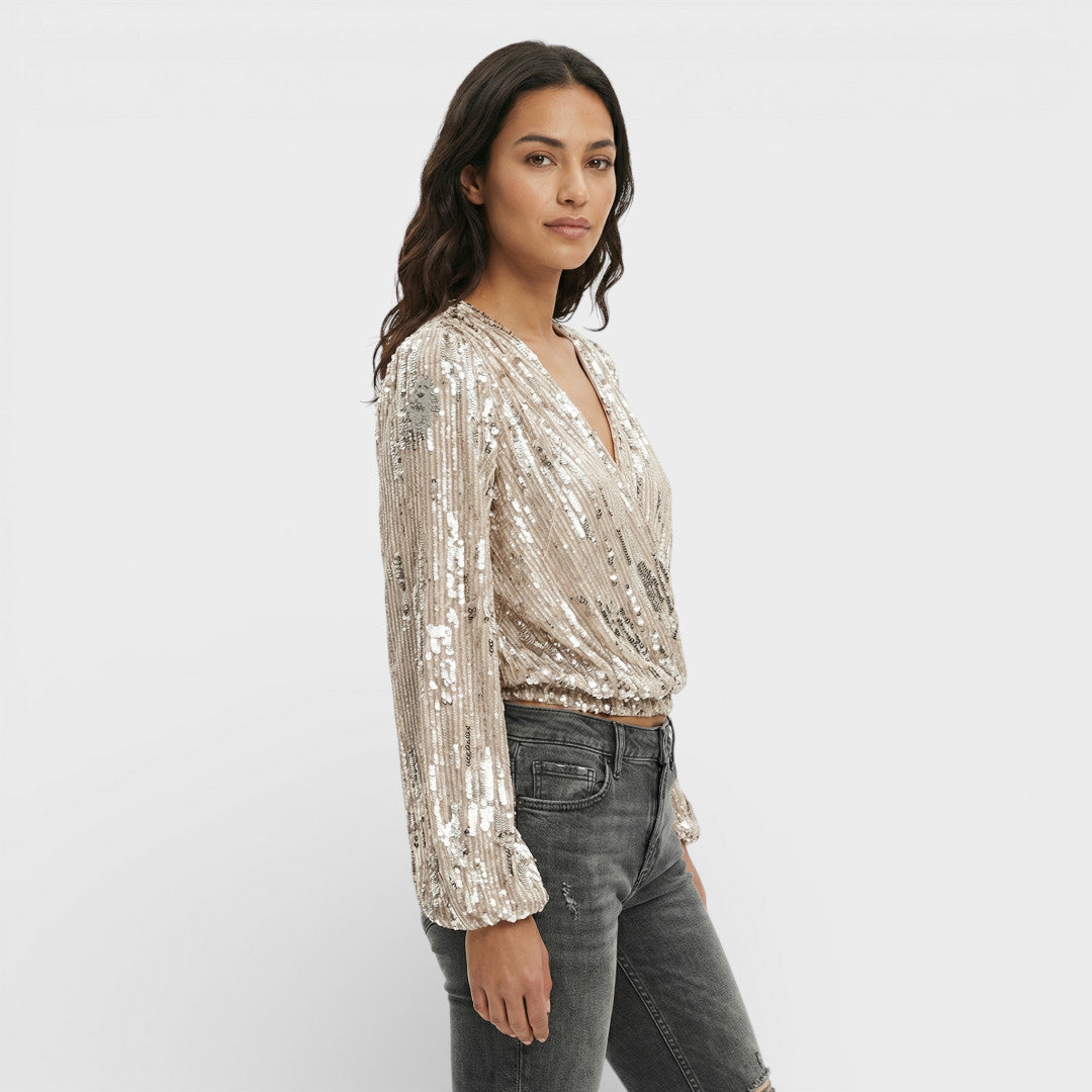 Blusa Fiesta Mujer Lentejuelas Escote Pico Manga Larga Elegante para Ocasiones Especiales 1