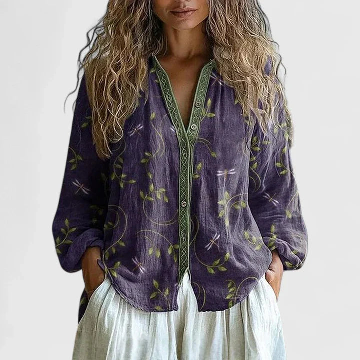 Blusa Mujer Algodón Estampado Hojas Retro Corte Moderno Casual 0