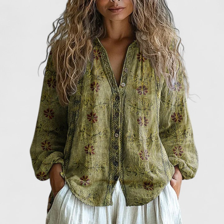 Blusa Mujer Algodón Estampado de Hojas Retro Corte Moderno Casual y Formal 2