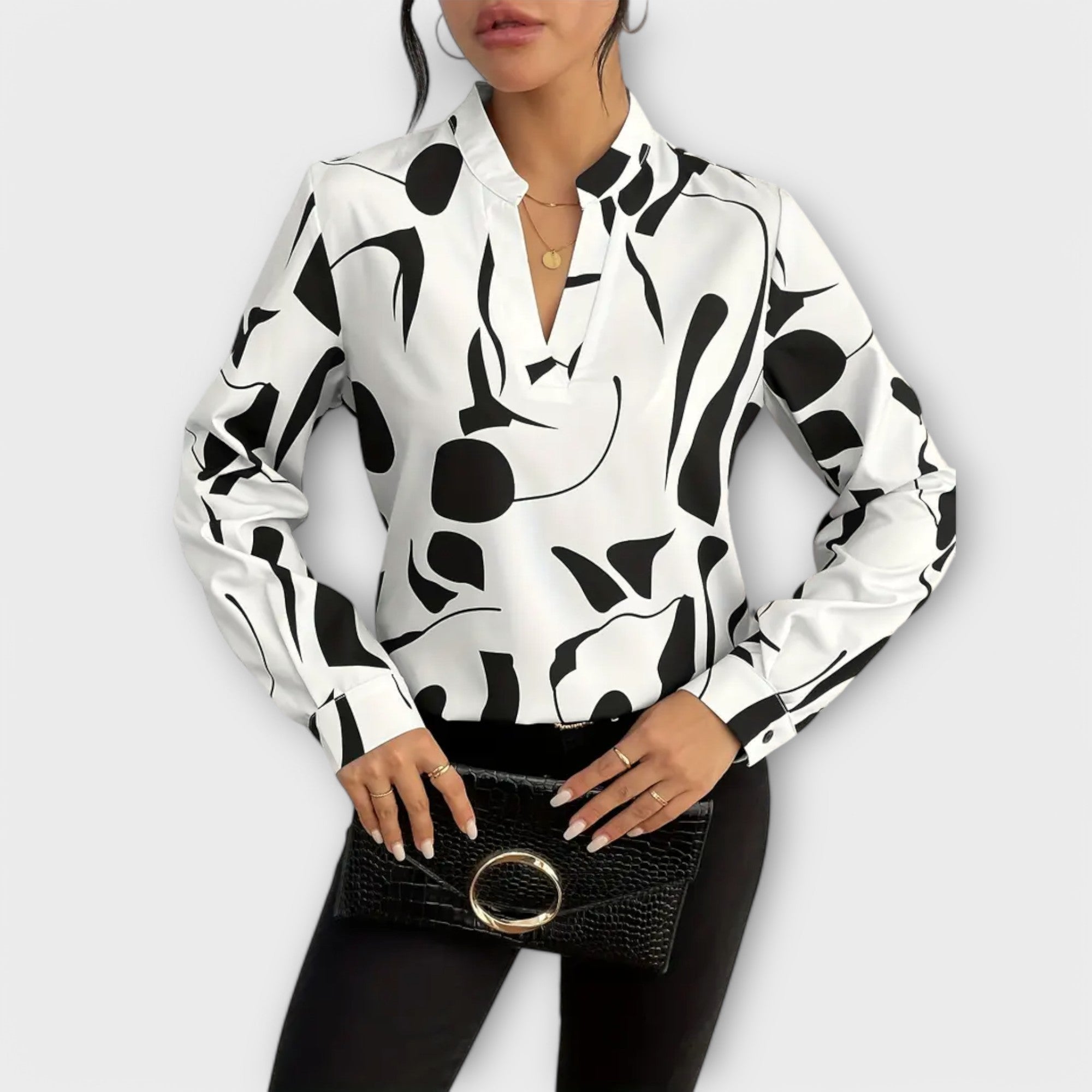 Blusa Mujer Elegante Diseño Abstracto Escote Dividido Ajuste Cómodo 2