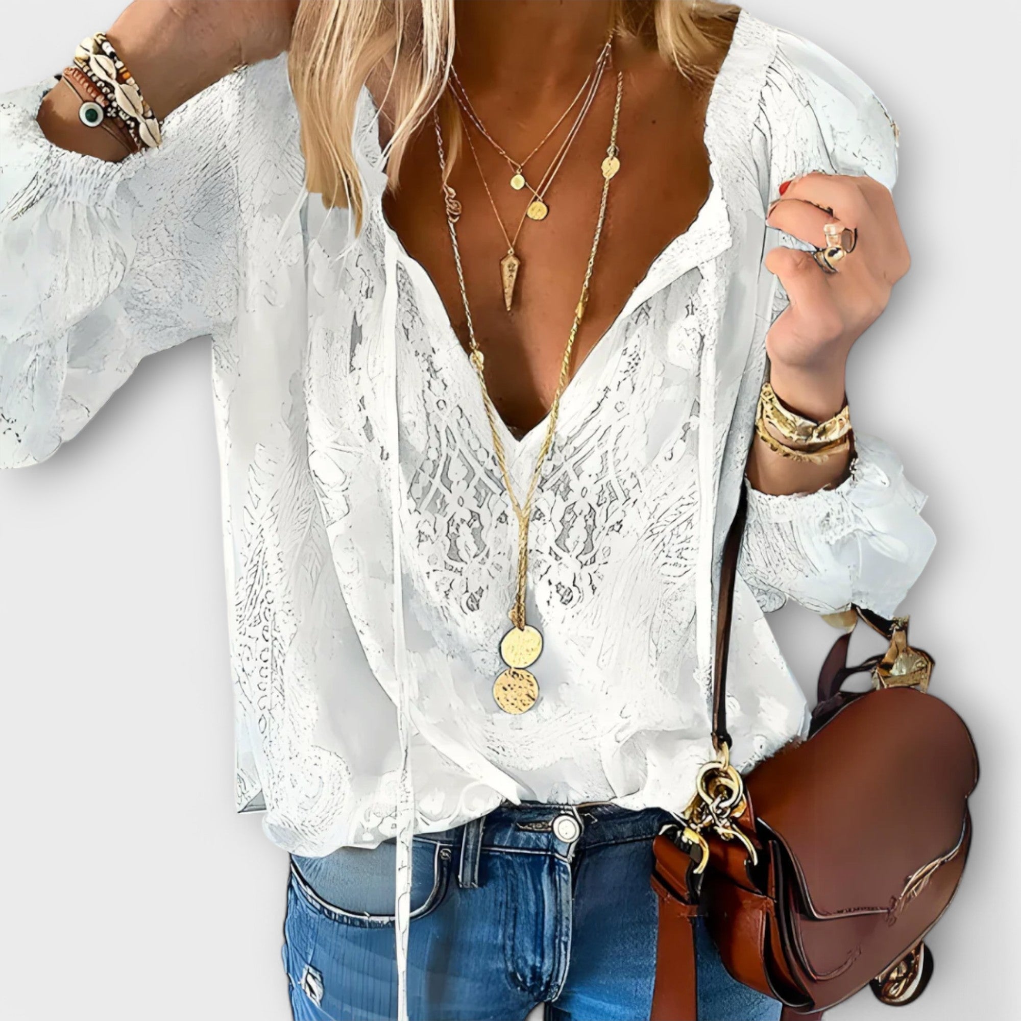 Blusa Mujer Encaje Ligero Con Lazo Cuello Y Silueta Bohemia Elegante 0