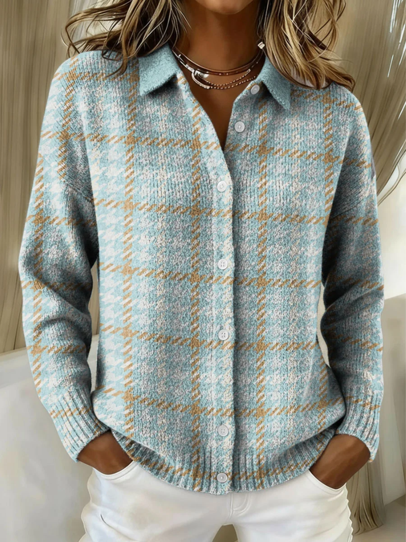 Blusa Mujer Mezcla de Lana Cuadros Clásicos con Cuello y Botones, Casual 0