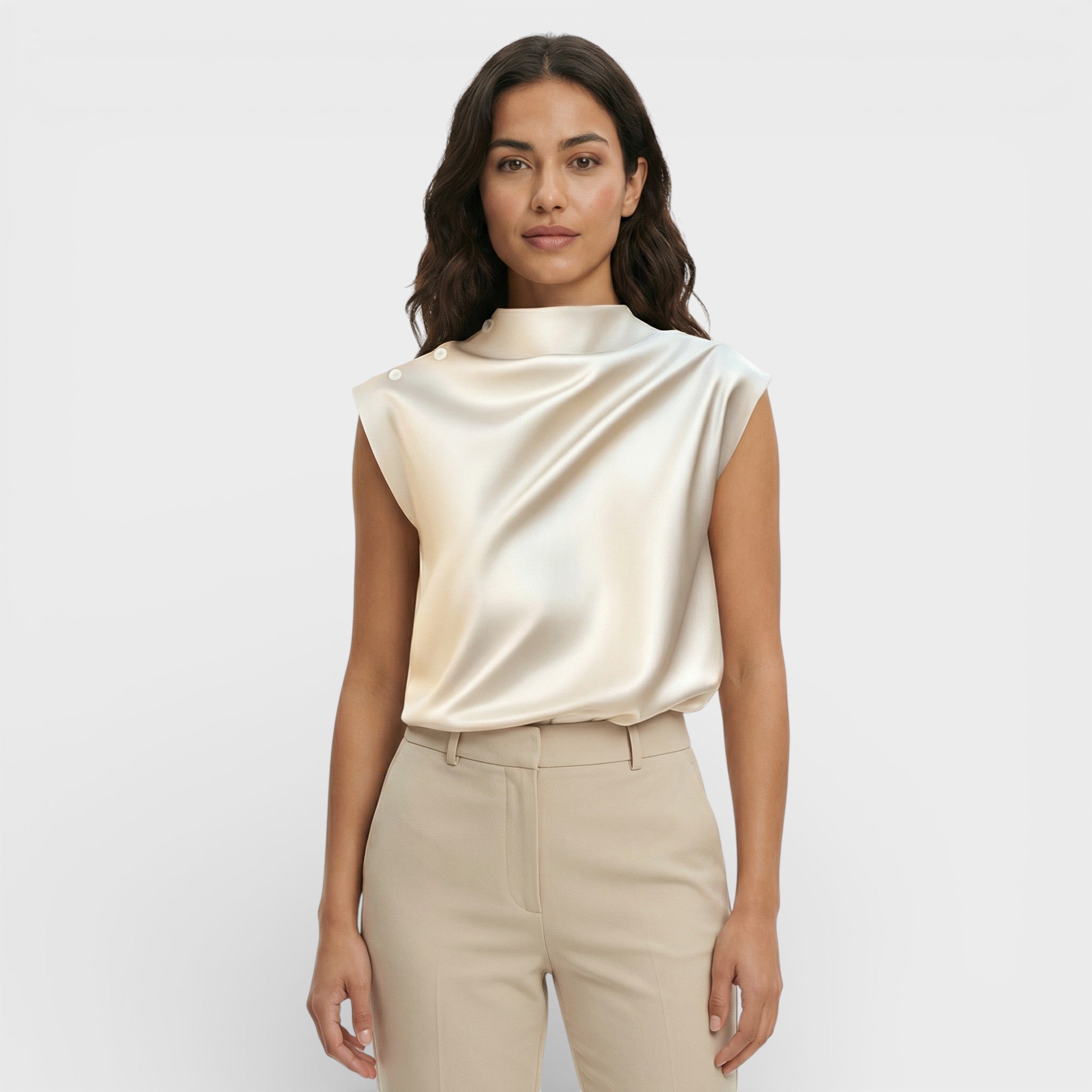 Blusa Mujer Satinada Cuello Mao Caída Drapada Elegante 0