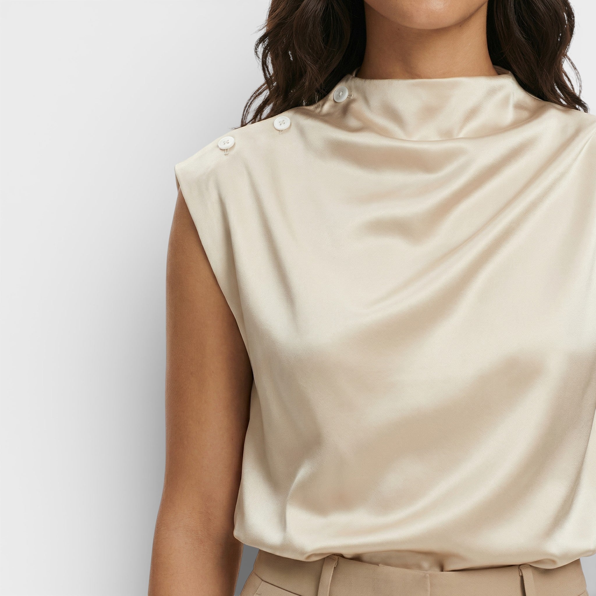 Blusa Mujer Satinada Cuello Mao Caída Drapada Elegante 1