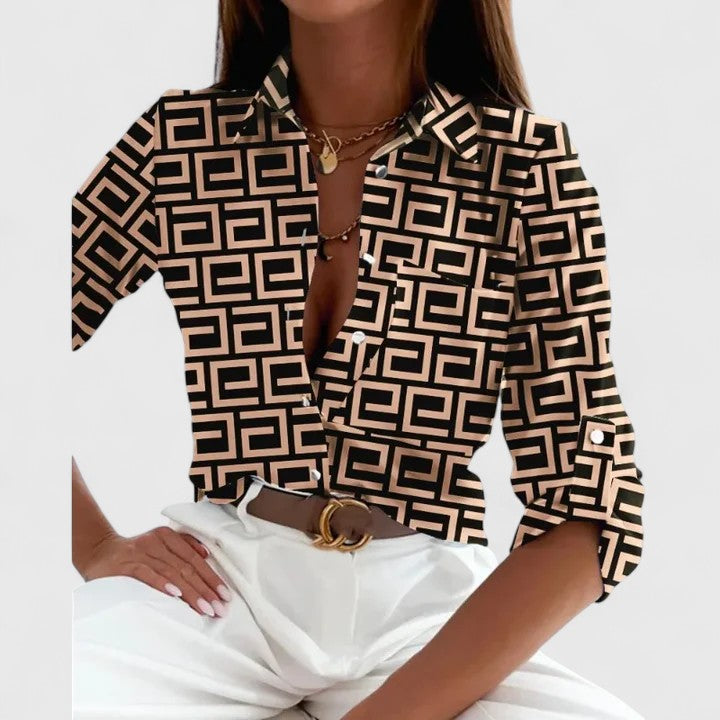 Blusa Mujer Tejido Ligero Estampado Manga Larga Cuello Clásico Elegante 0