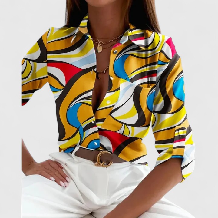Blusa Mujer Tejido Ligero Estampado Manga Larga Cuello Clásico Elegante 2