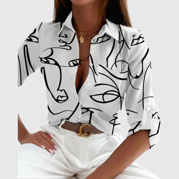 Blusa Mujer Tejido Ligero Estampado Manga Larga Cuello Clásico Elegante 3
