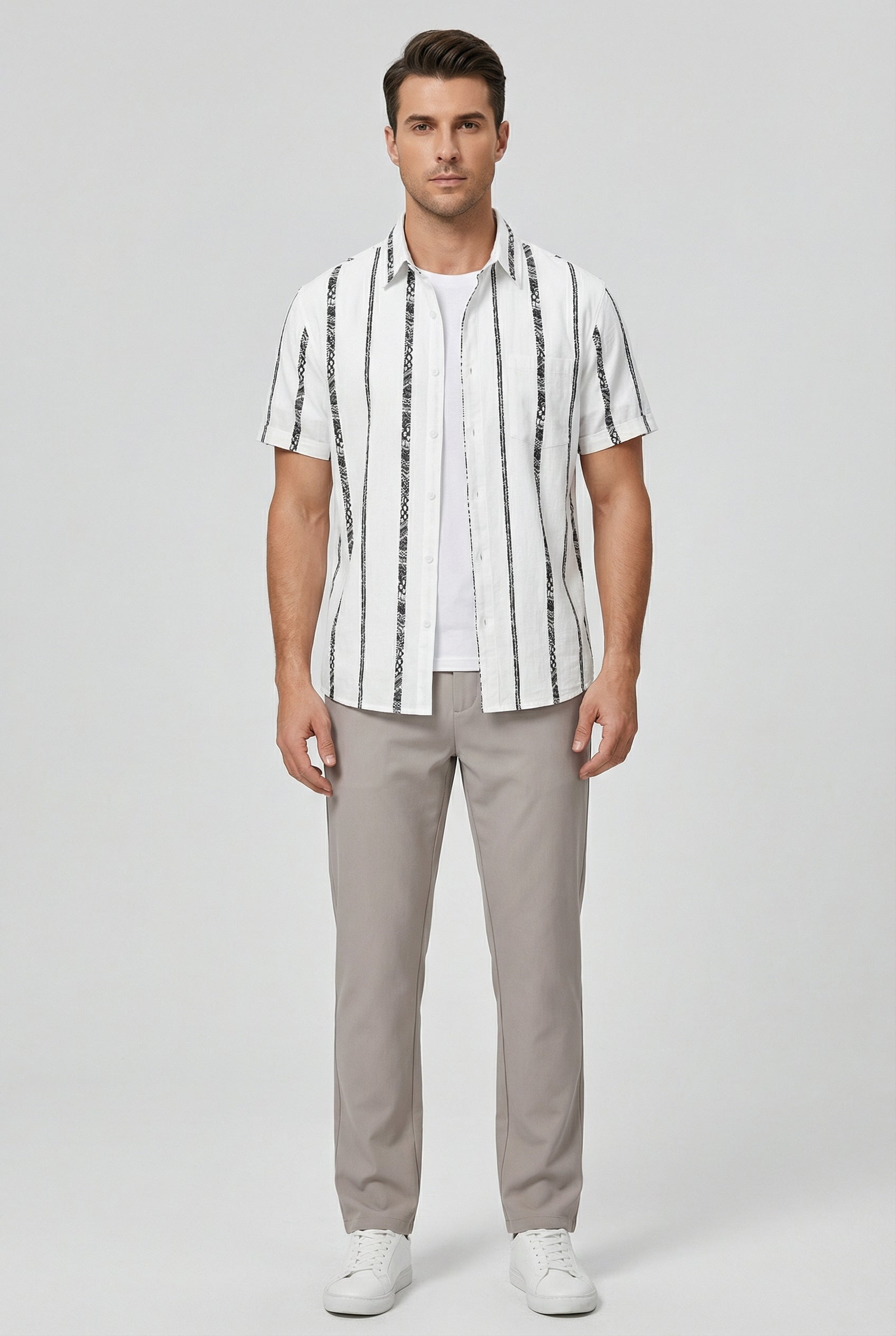 Camisa Hombre Algodón Rayas Verticales Ajuste Relajado Manga Corta 2