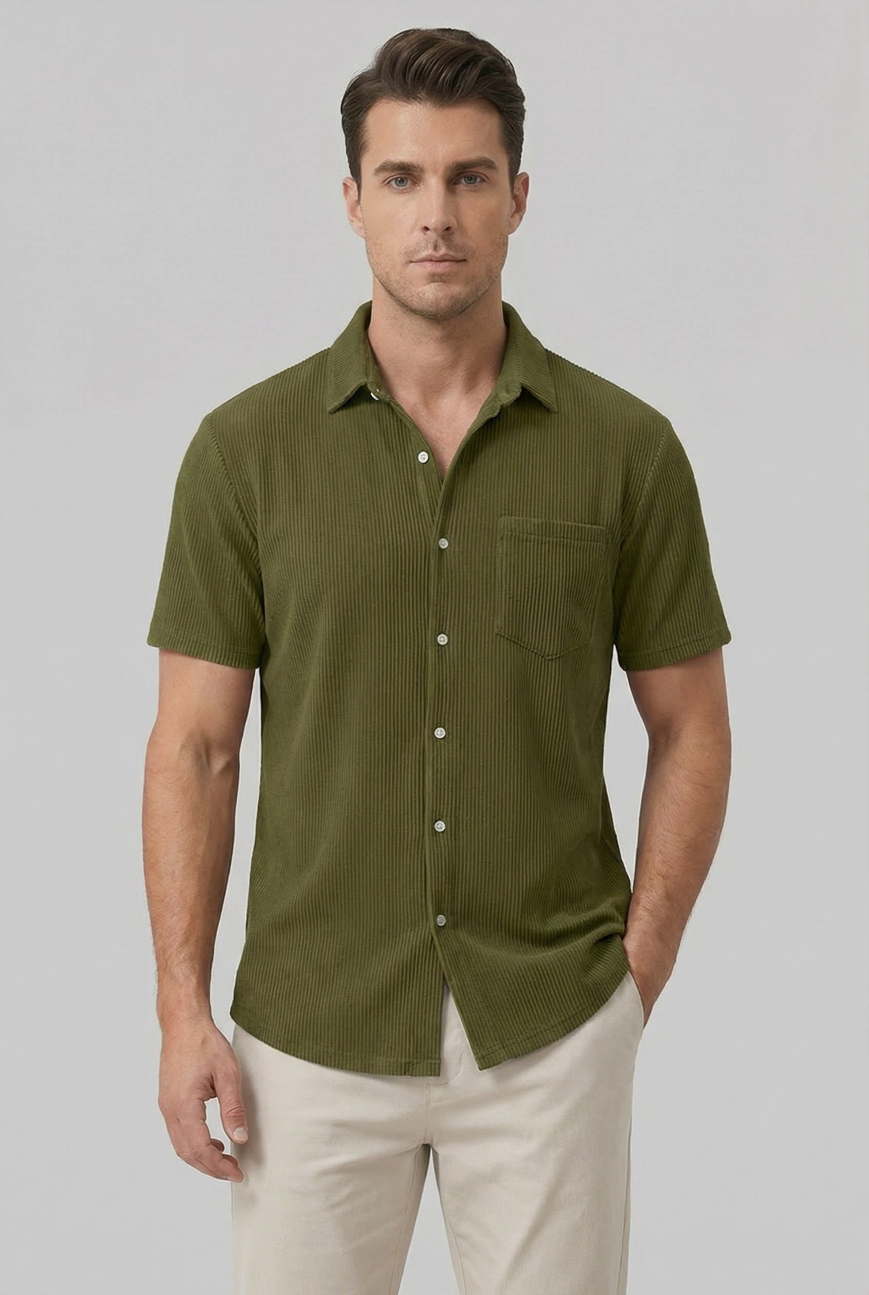 Camisa Hombre Corto Poliéster Ligero Rayas Verticales Casual 4