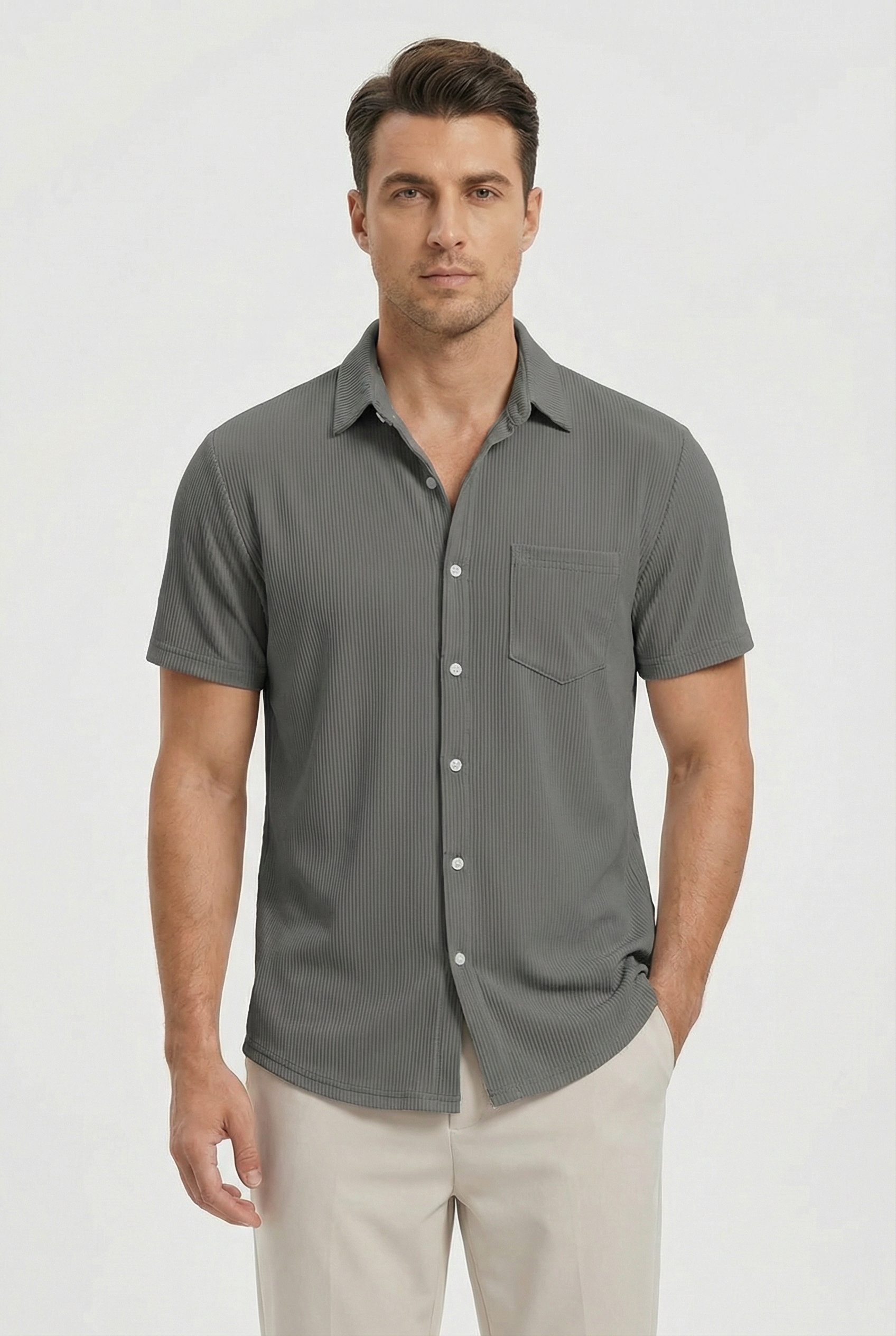 Camisa Hombre Corto Poliéster Ligero Rayas Verticales Casual 8
