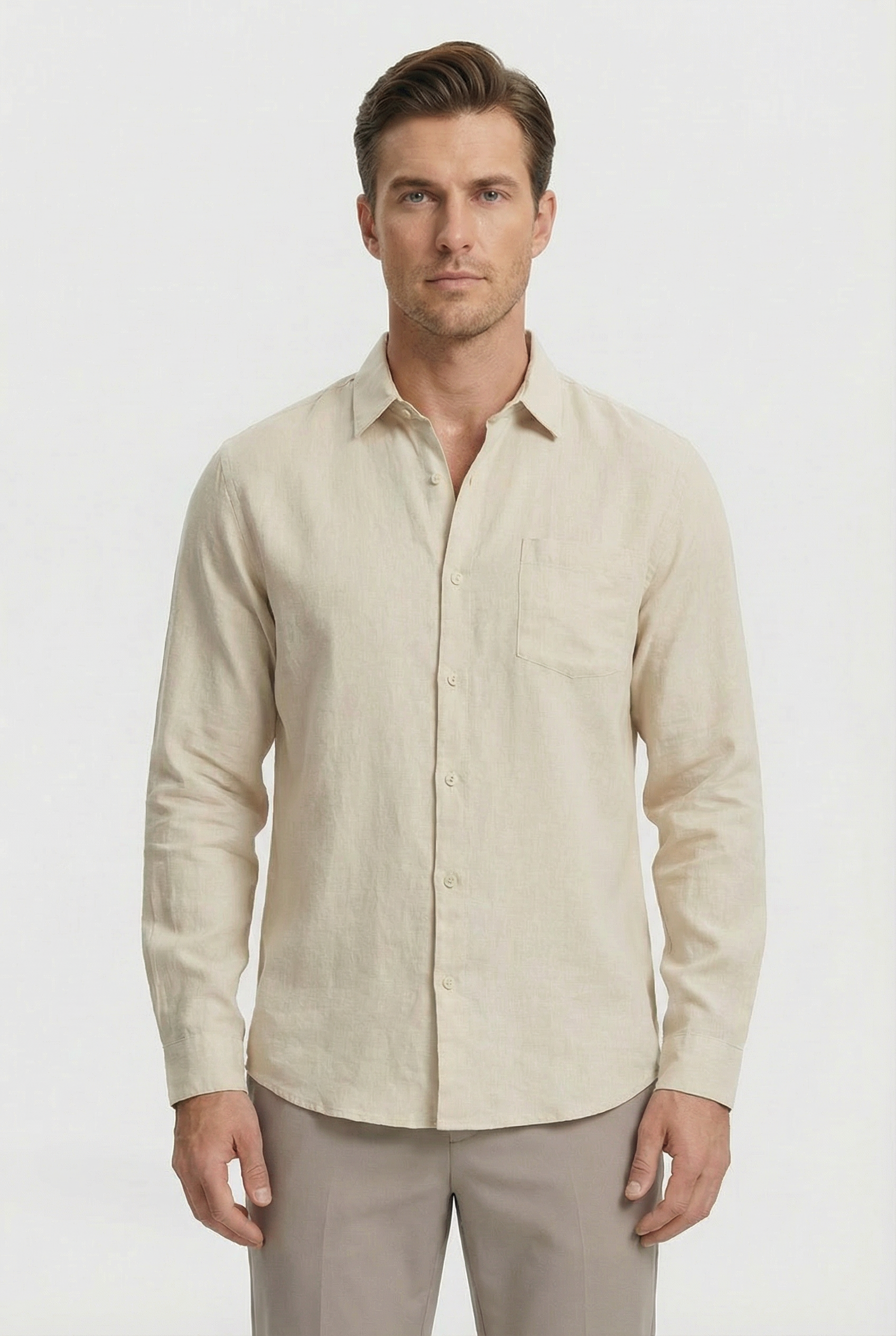 Camisa Hombre Lino 100% Ligera Manga Larga Ajuste Relajado Con Bolsillo 0