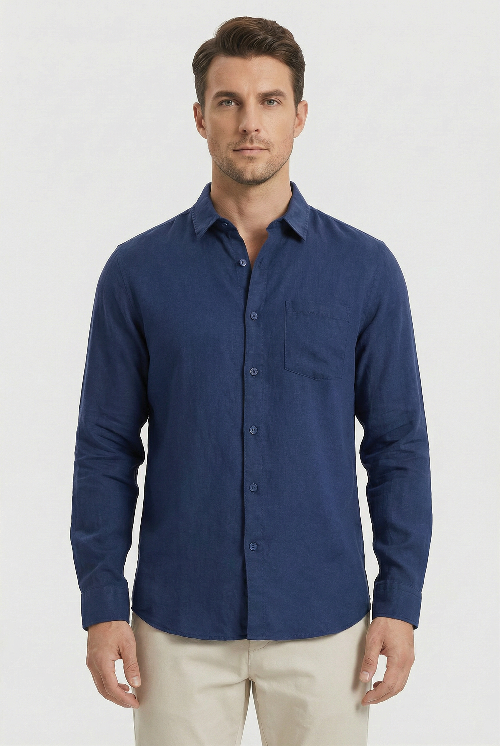 Camisa Hombre Lino 100% Ligera Manga Larga Ajuste Relajado Con Bolsillo 4