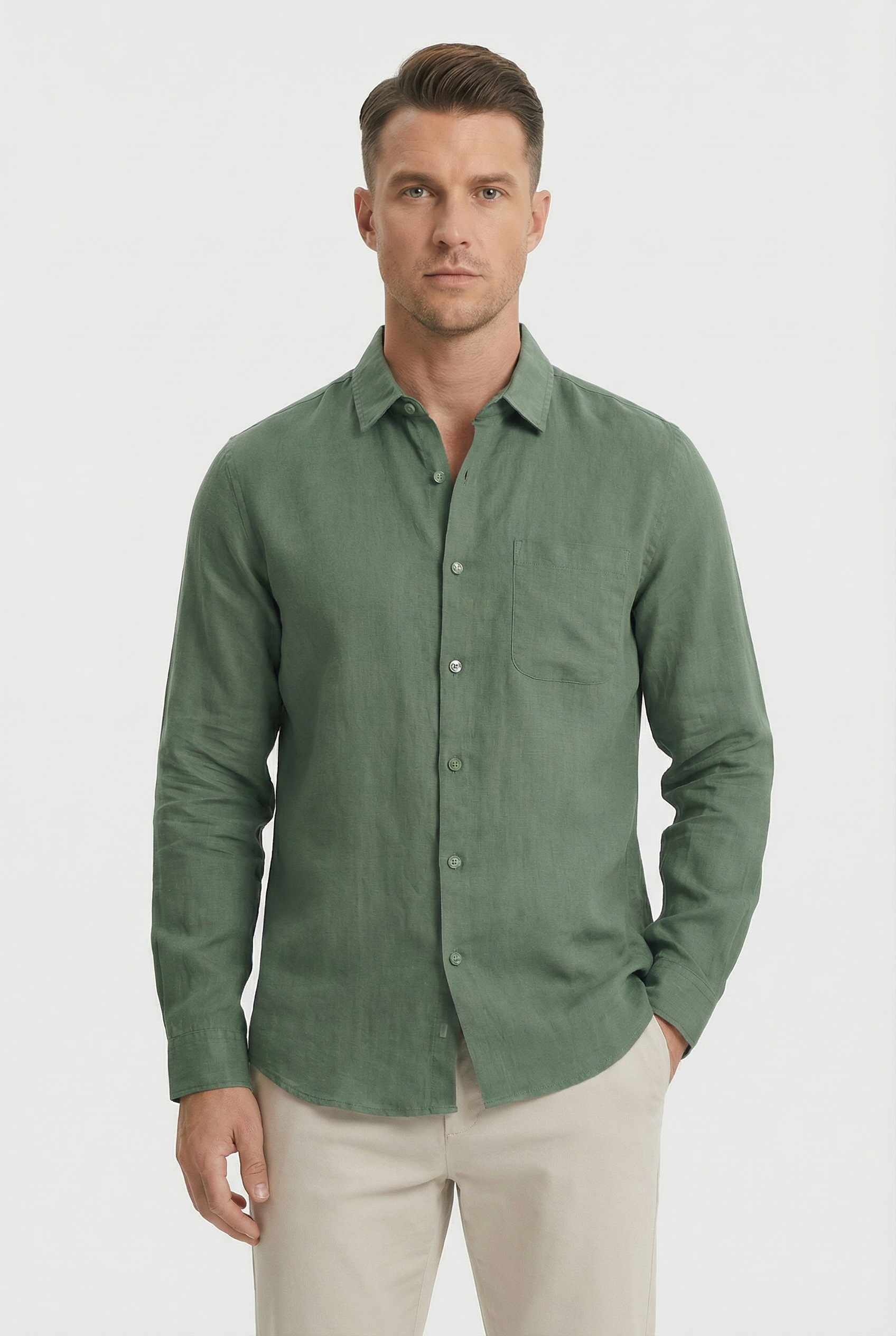 Camisa Hombre Lino 100% Ligera Manga Larga Ajuste Relajado Con Bolsillo 6