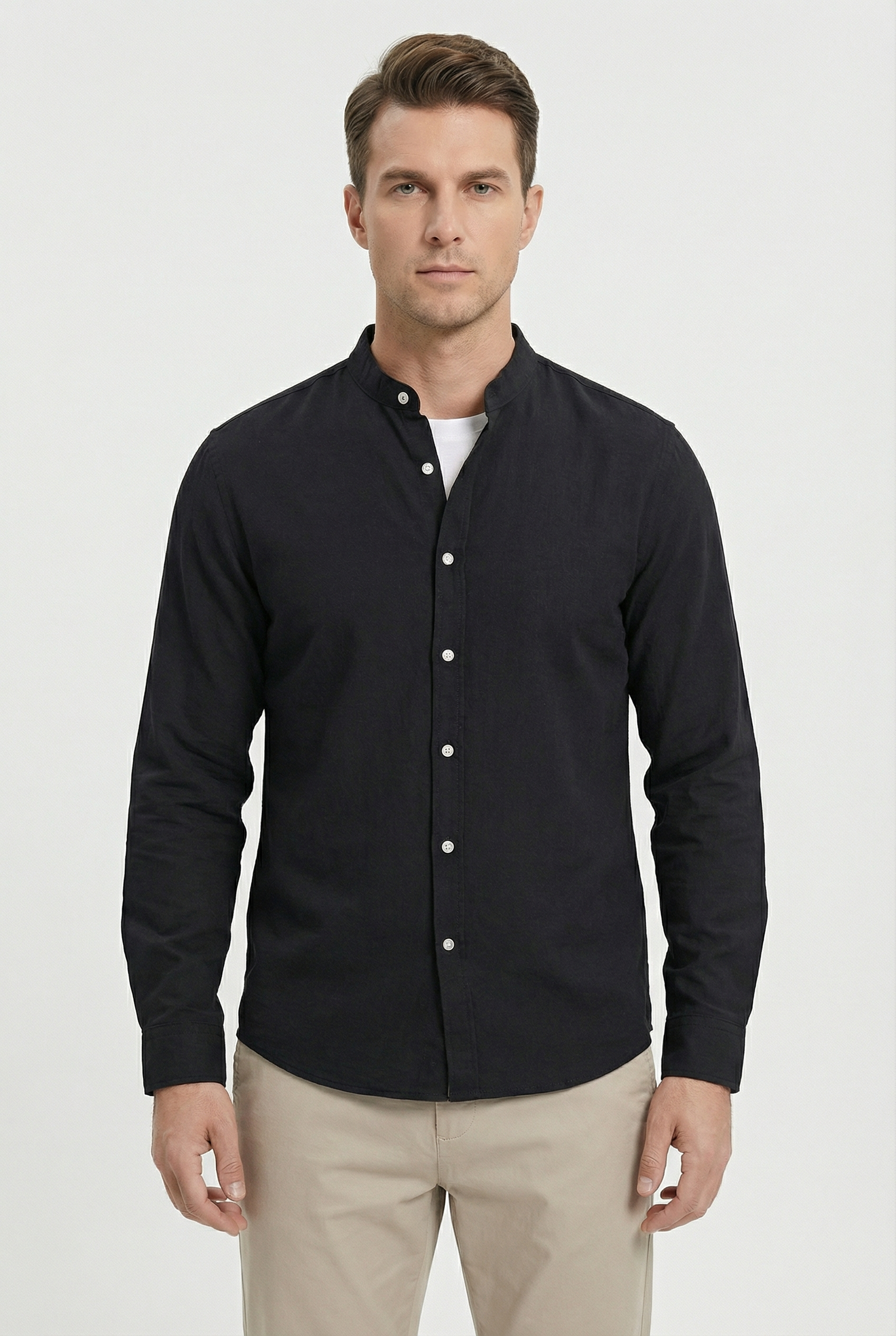 Camisa Hombre Lino Ligera Cuello Mao Ajuste Relajado Cierre Botones 6