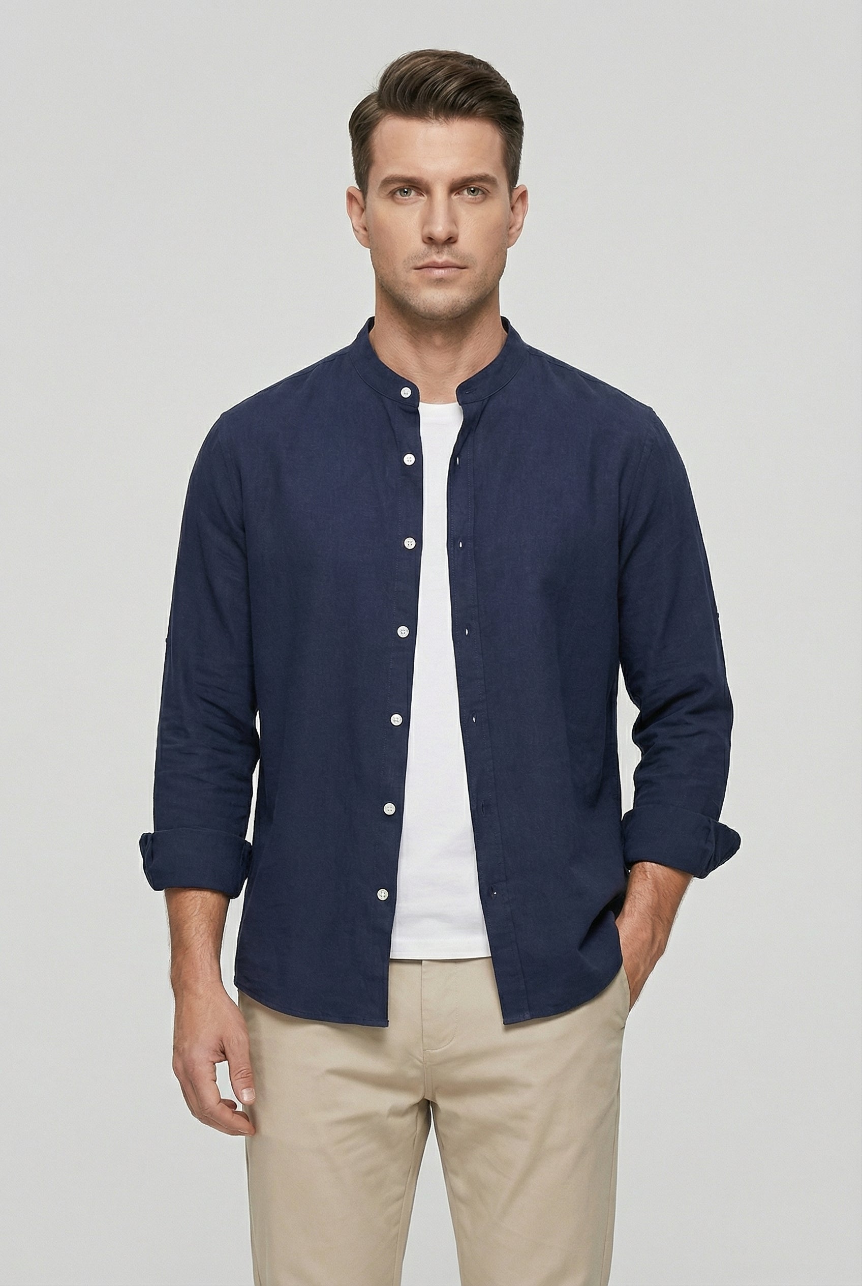 Camisa Hombre Lino Ligera Cuello Mao Ajuste Relajado Cierre Botones 8