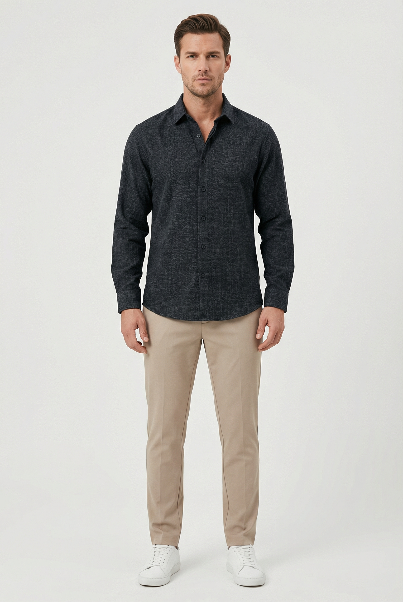 Camisa Hombre Lino Mezcla Manga Larga Casual Versátil 2