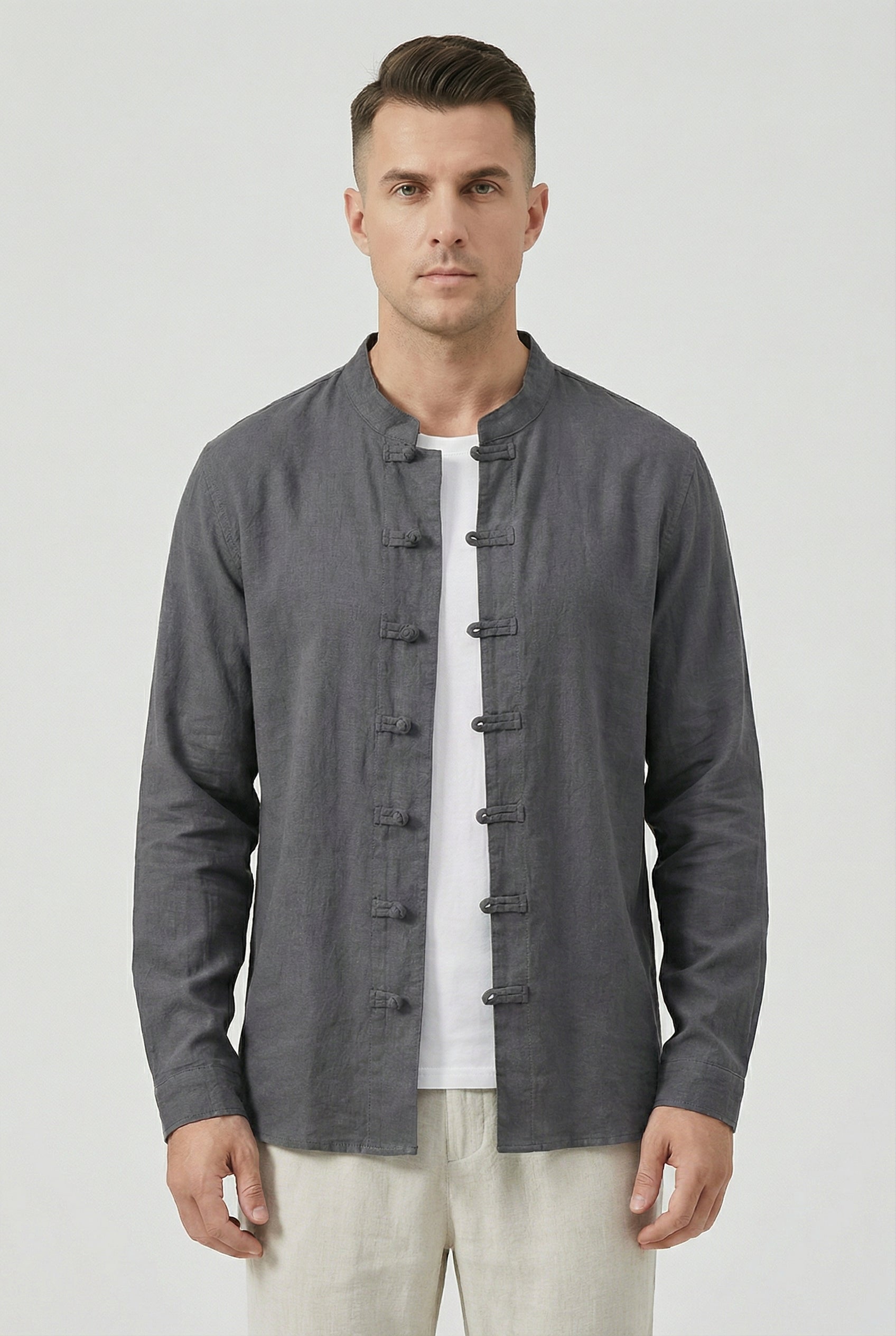 Camisa Hombre Lino Transpirable Cuello Mandarín Ajuste Relajado 0