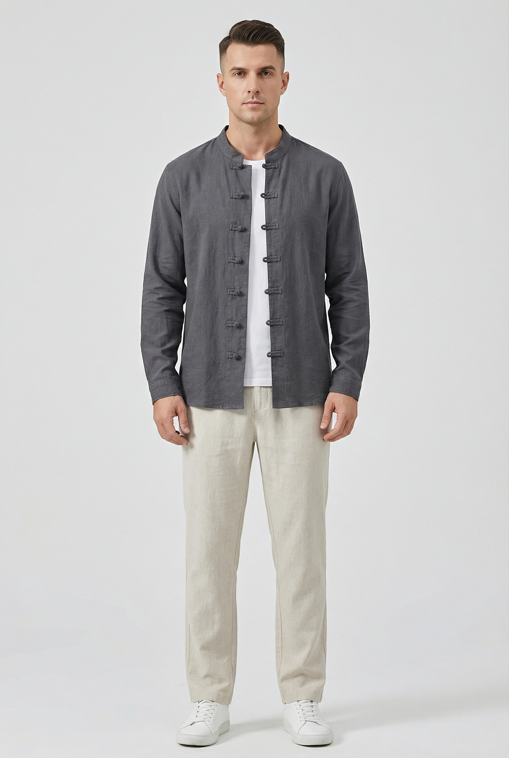 Camisa Hombre Lino Transpirable Cuello Mandarín Ajuste Relajado 2