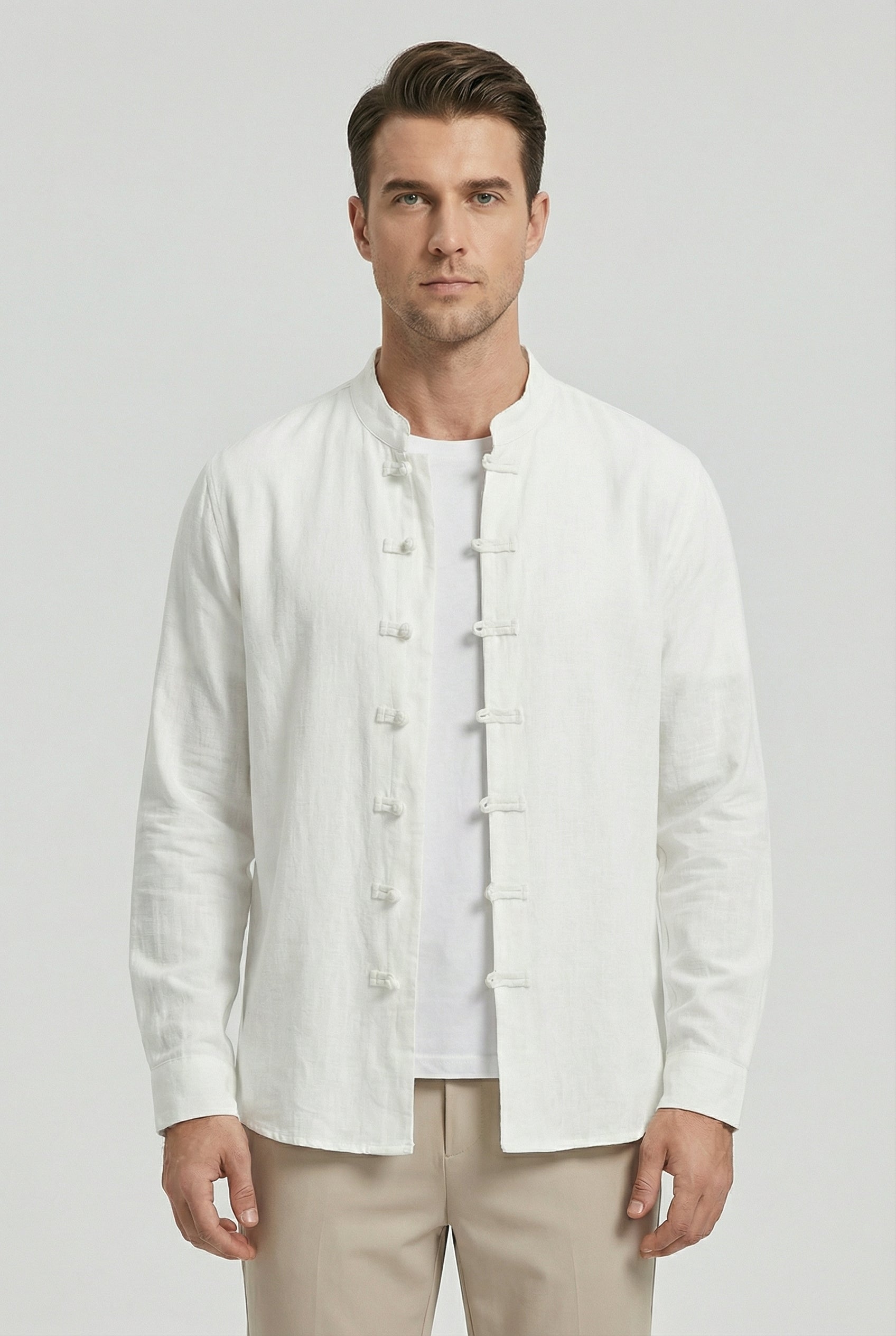 Camisa Hombre Lino Transpirable Cuello Mandarín Ajuste Relajado 6