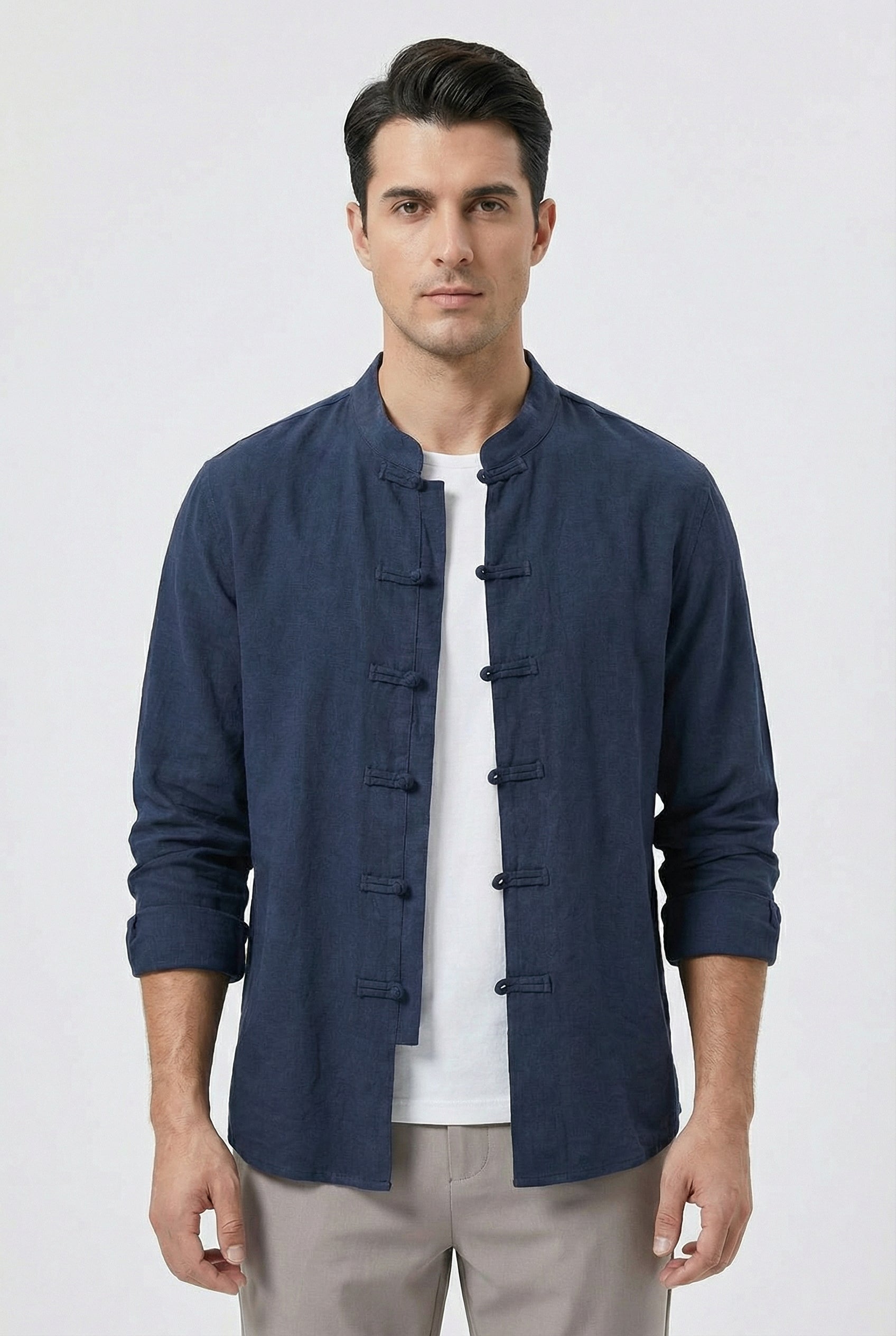 Camisa Hombre Lino Transpirable Cuello Mandarín Ajuste Relajado 8