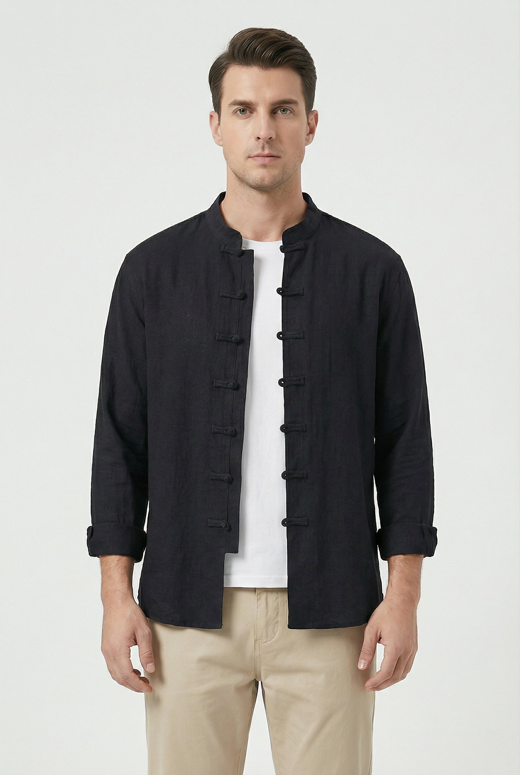 Camisa Hombre Lino Transpirable Cuello Mandarín Ajuste Relajado 9