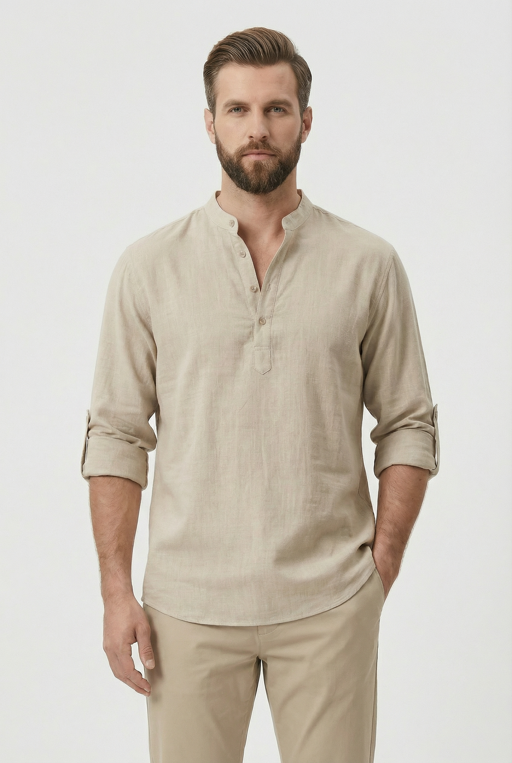 Camisa Hombre Lino Transpirable Mangas Remangadas Estilo Casual 0