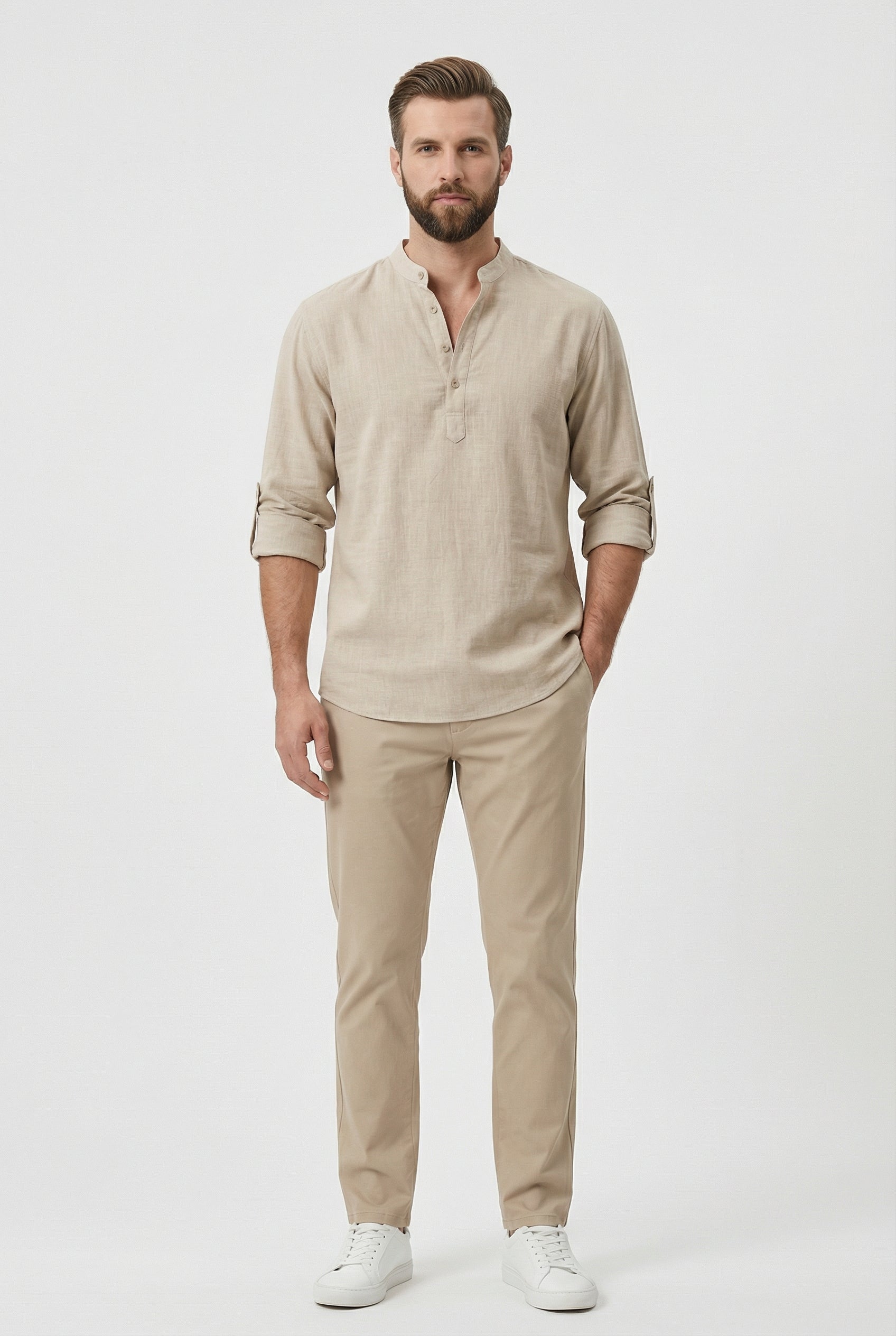 Camisa Hombre Lino Transpirable Mangas Remangadas Estilo Casual 2