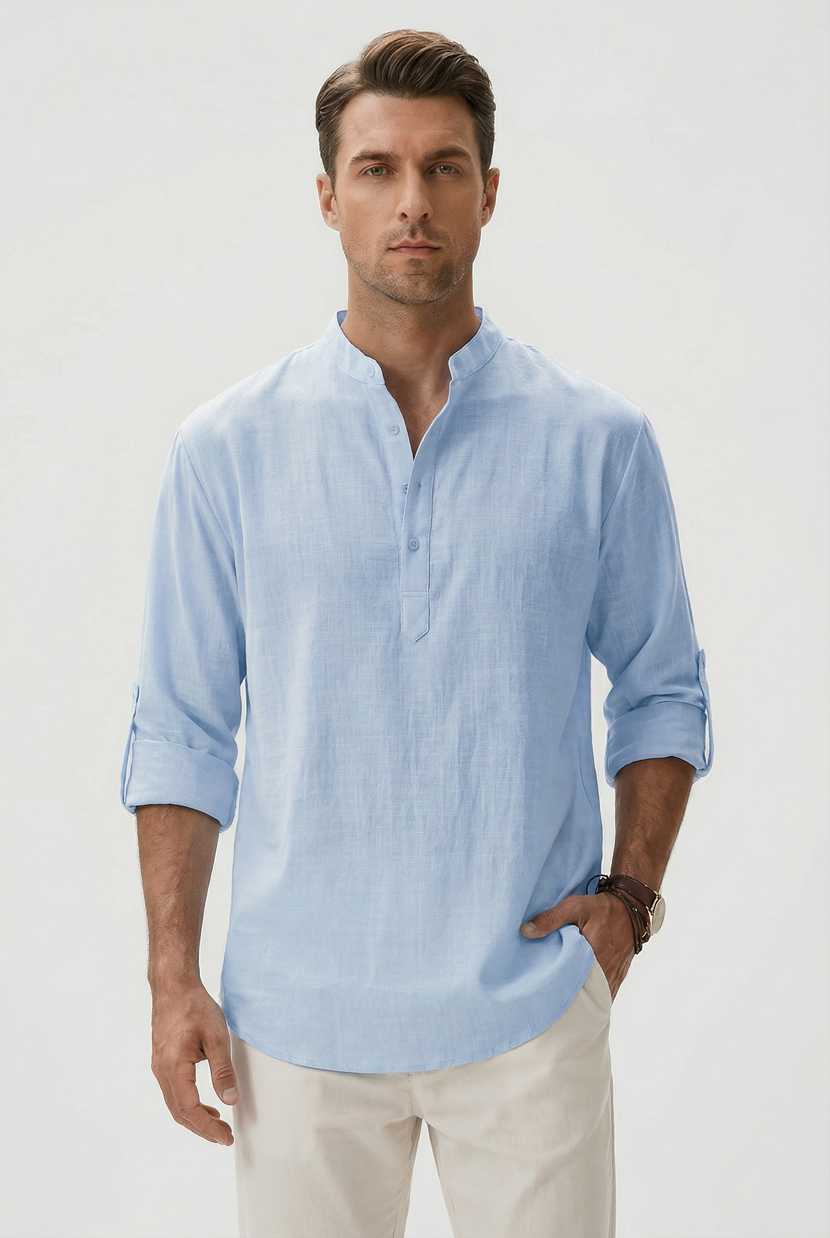Camisa Hombre Lino Transpirable Mangas Remangadas Estilo Casual 3