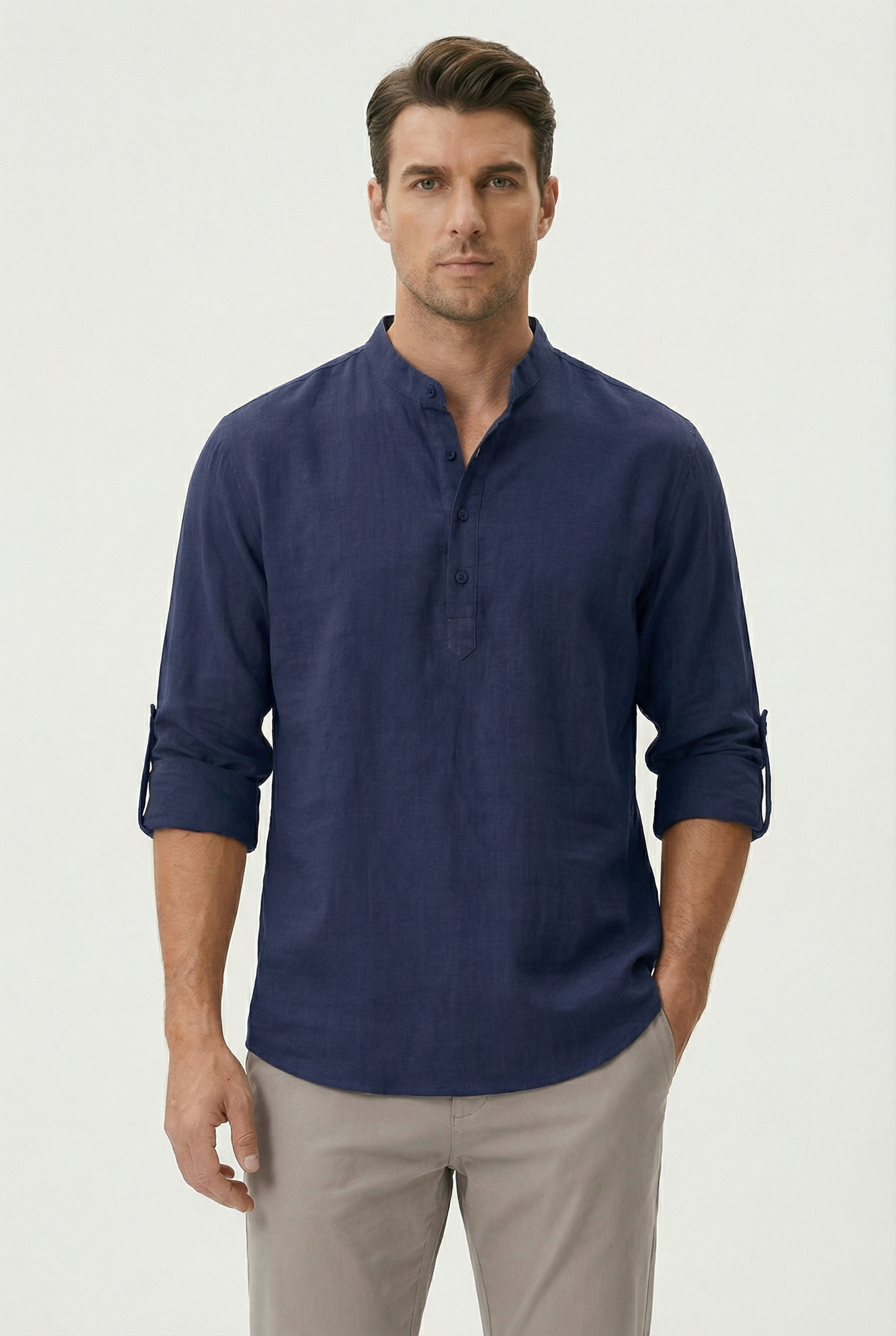 Camisa Hombre Lino Transpirable Mangas Remangadas Estilo Casual 5