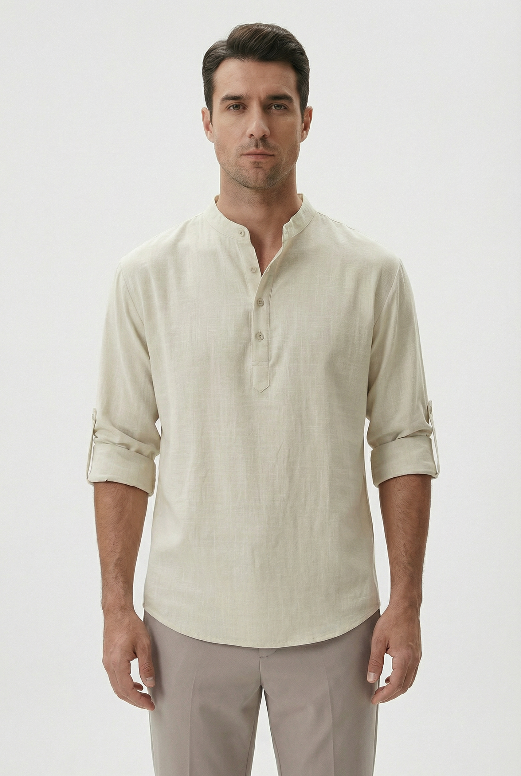 Camisa Hombre Lino Transpirable Mangas Remangadas Estilo Casual 7