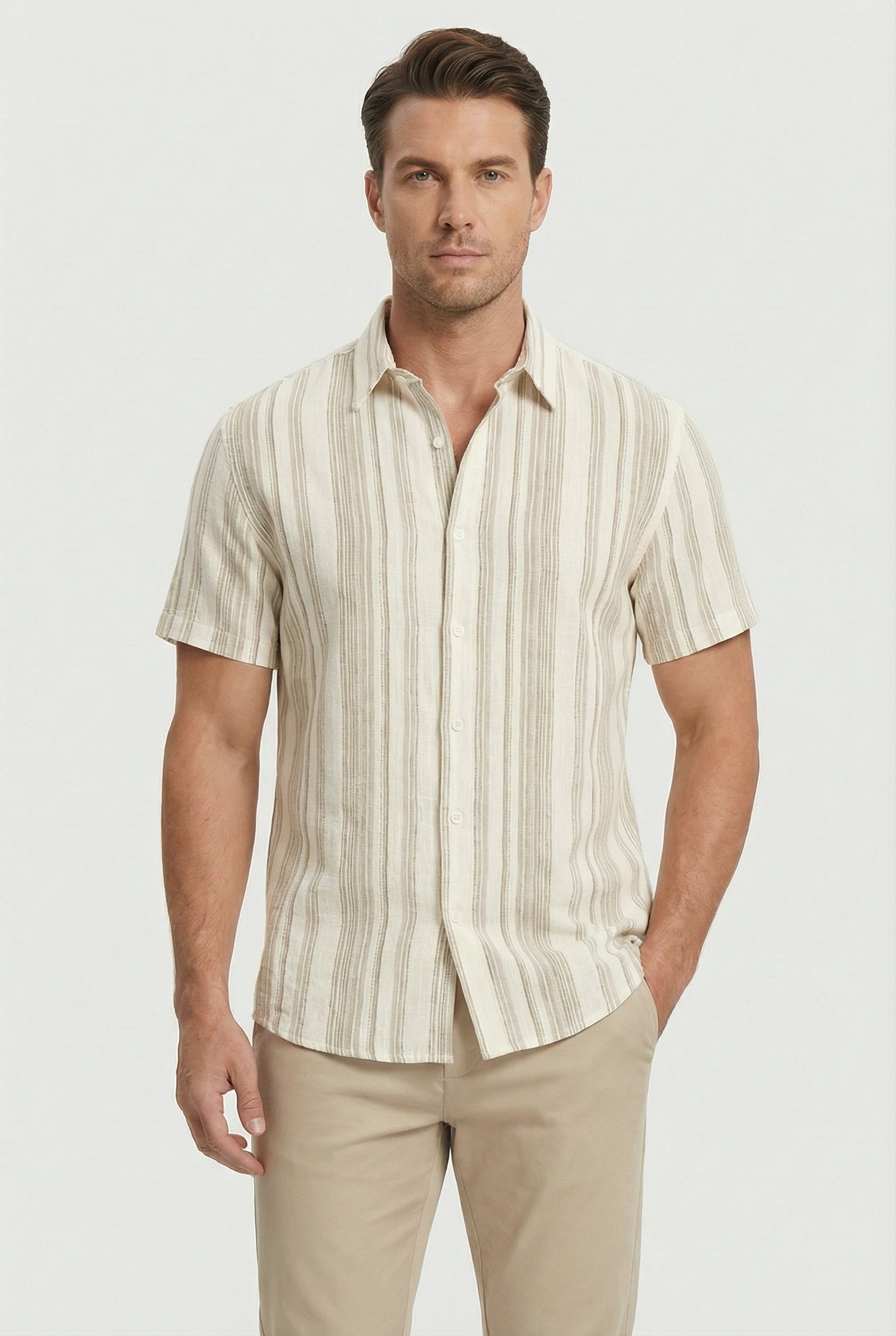 Camisa Hombre Manga Corta Algodón Estampado Digital 3D Rayas 4
