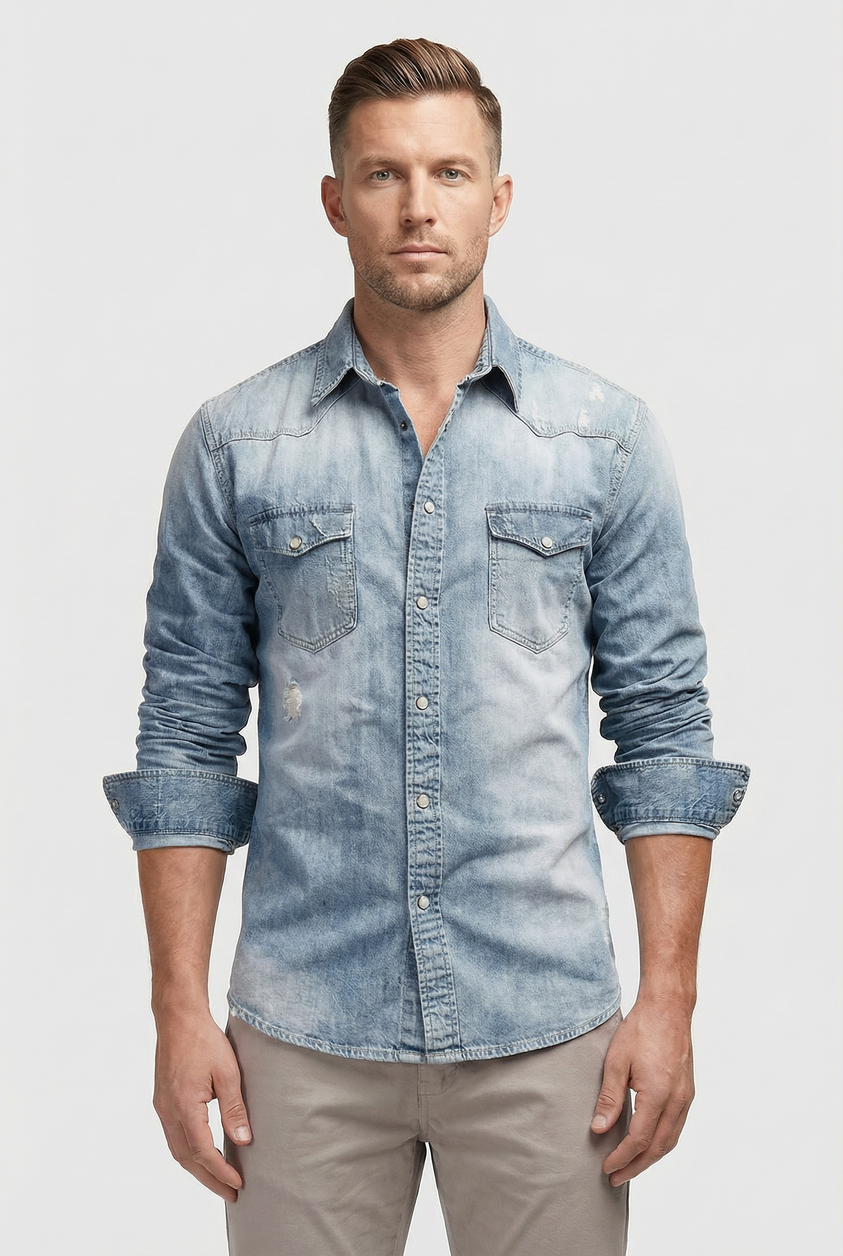 Camisa Hombre Slim Fit Mezcla Algodón Denim Estilo Casual 0
