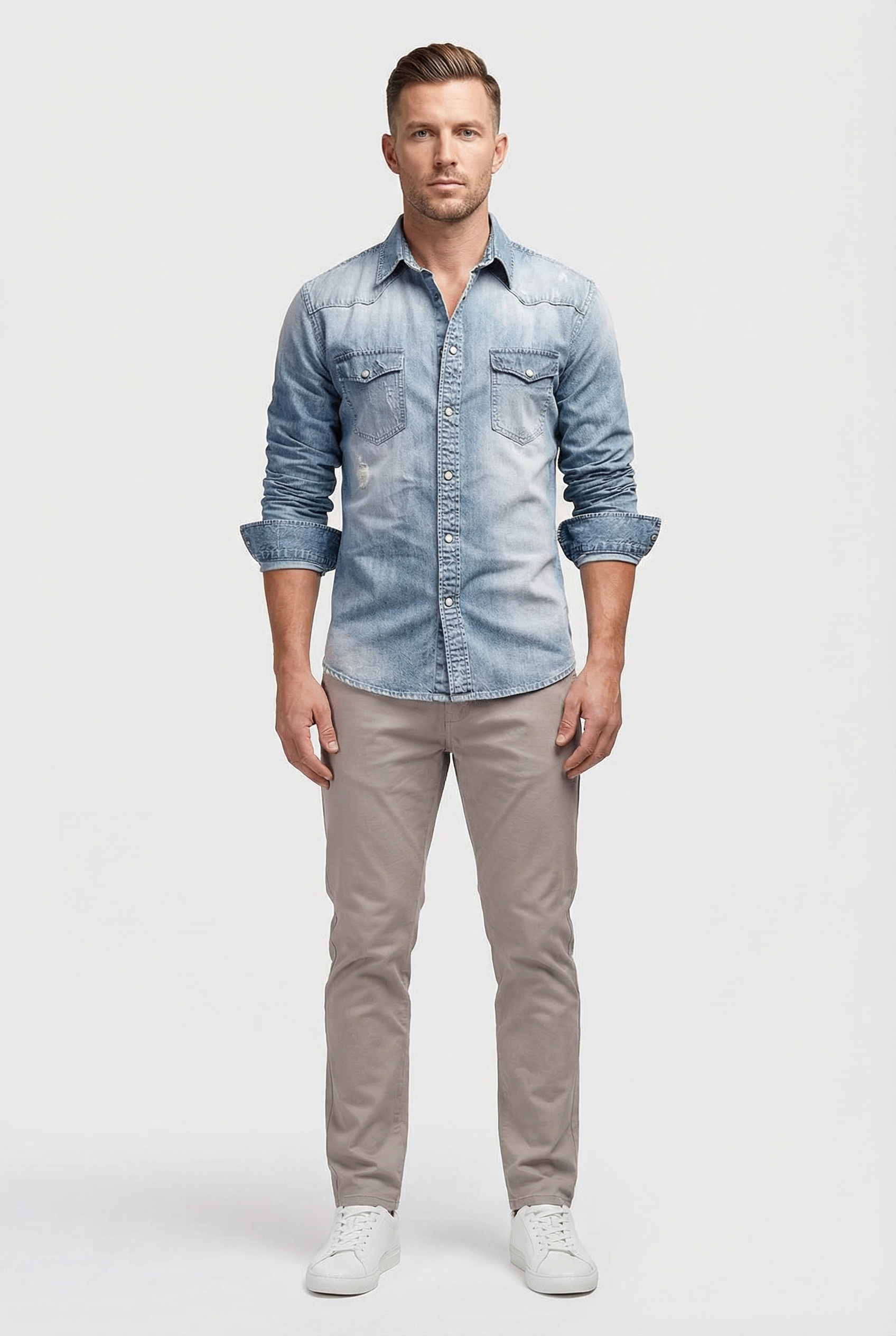 Camisa Hombre Slim Fit Mezcla Algodón Denim Estilo Casual 2