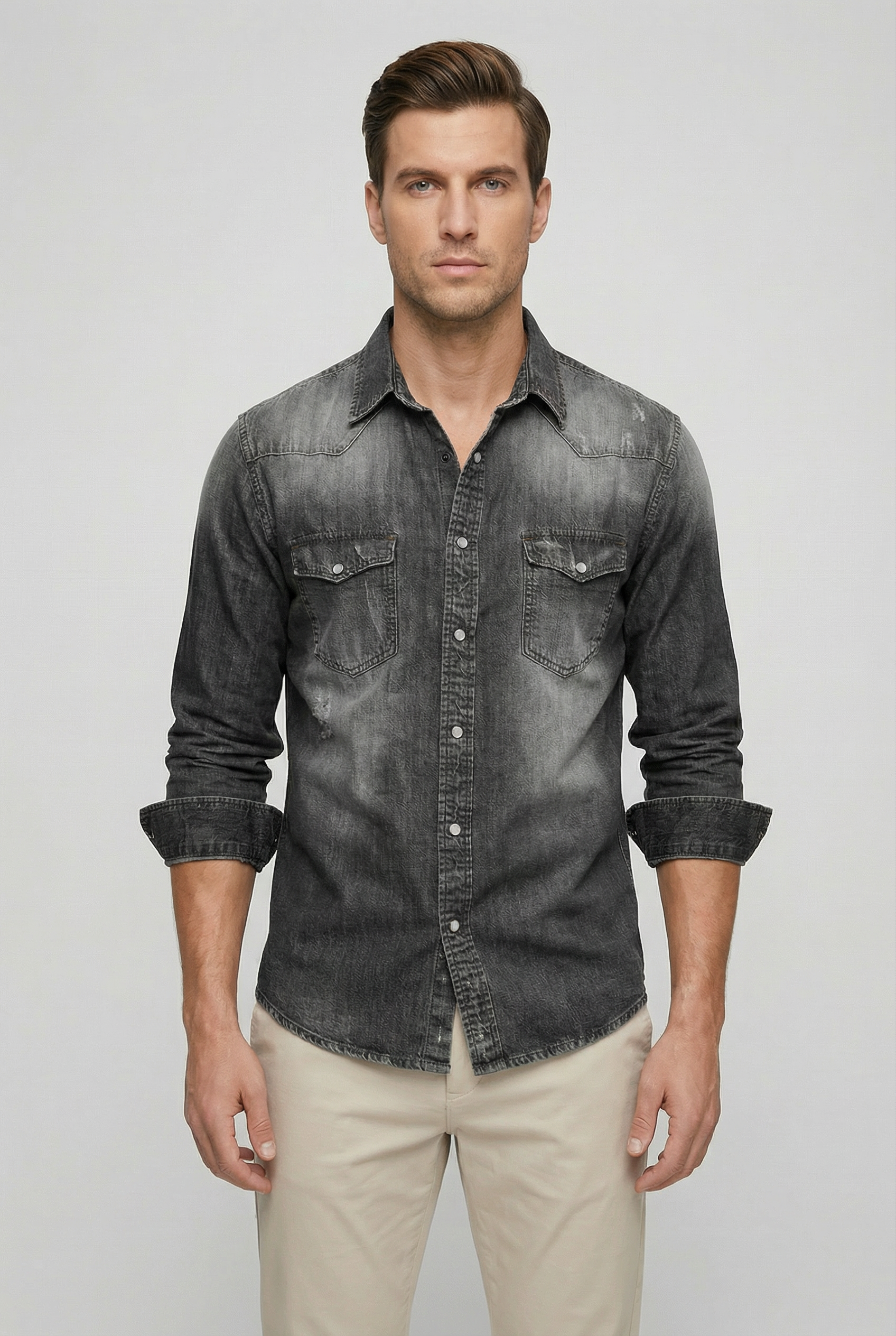 Camisa Hombre Slim Fit Mezcla Algodón Denim Estilo Casual 6