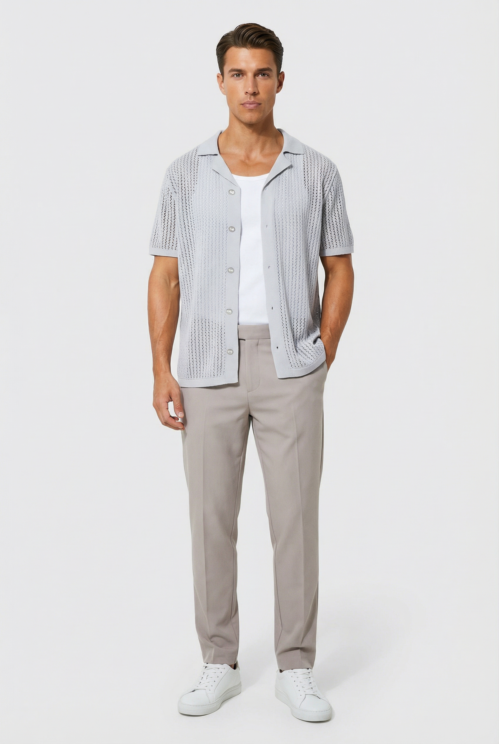 Camisa Hombre Tejido Crochet Ligero Diseño Casual Ajuste Relajado 2