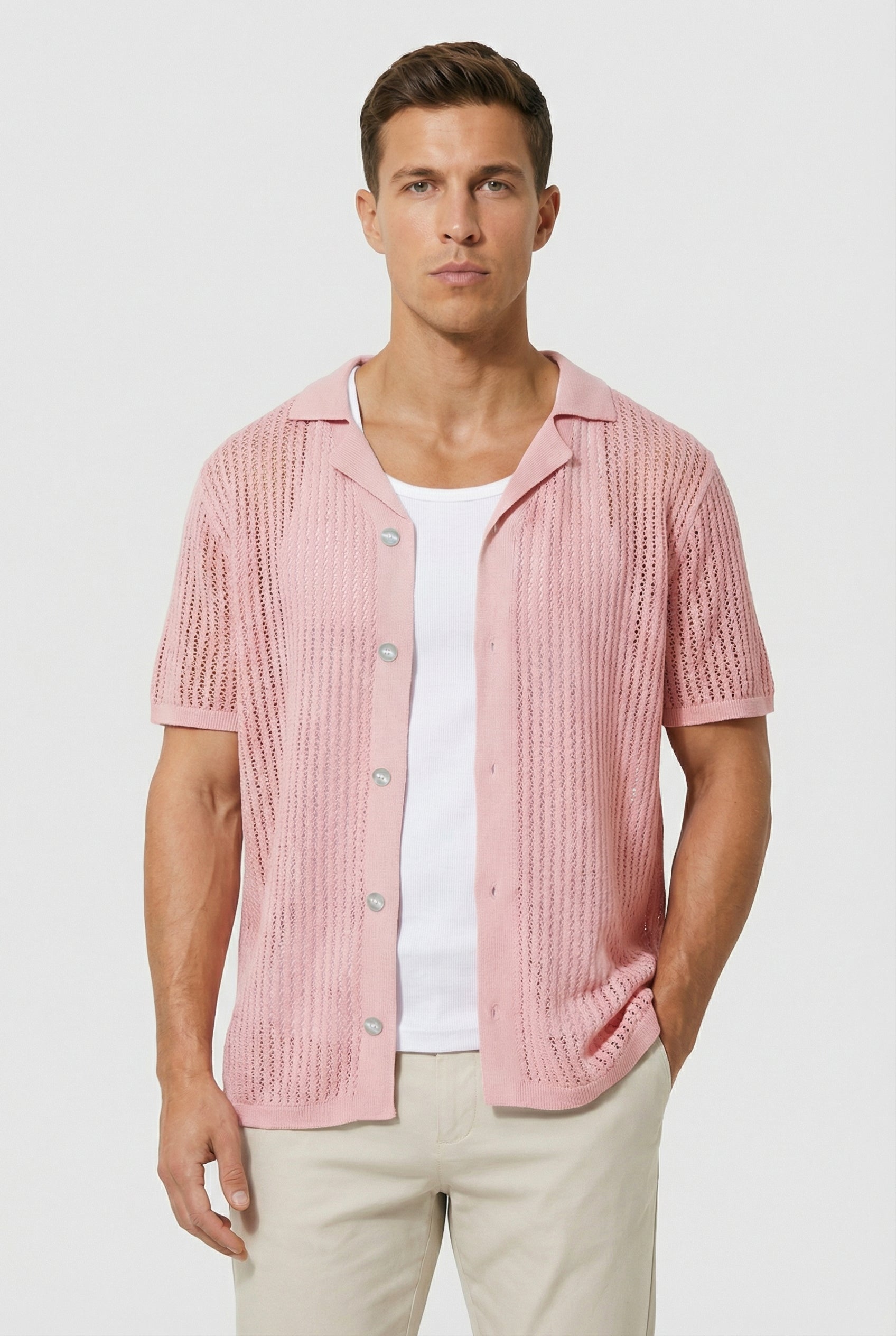 Camisa Hombre Tejido Crochet Ligero Diseño Casual Ajuste Relajado 6