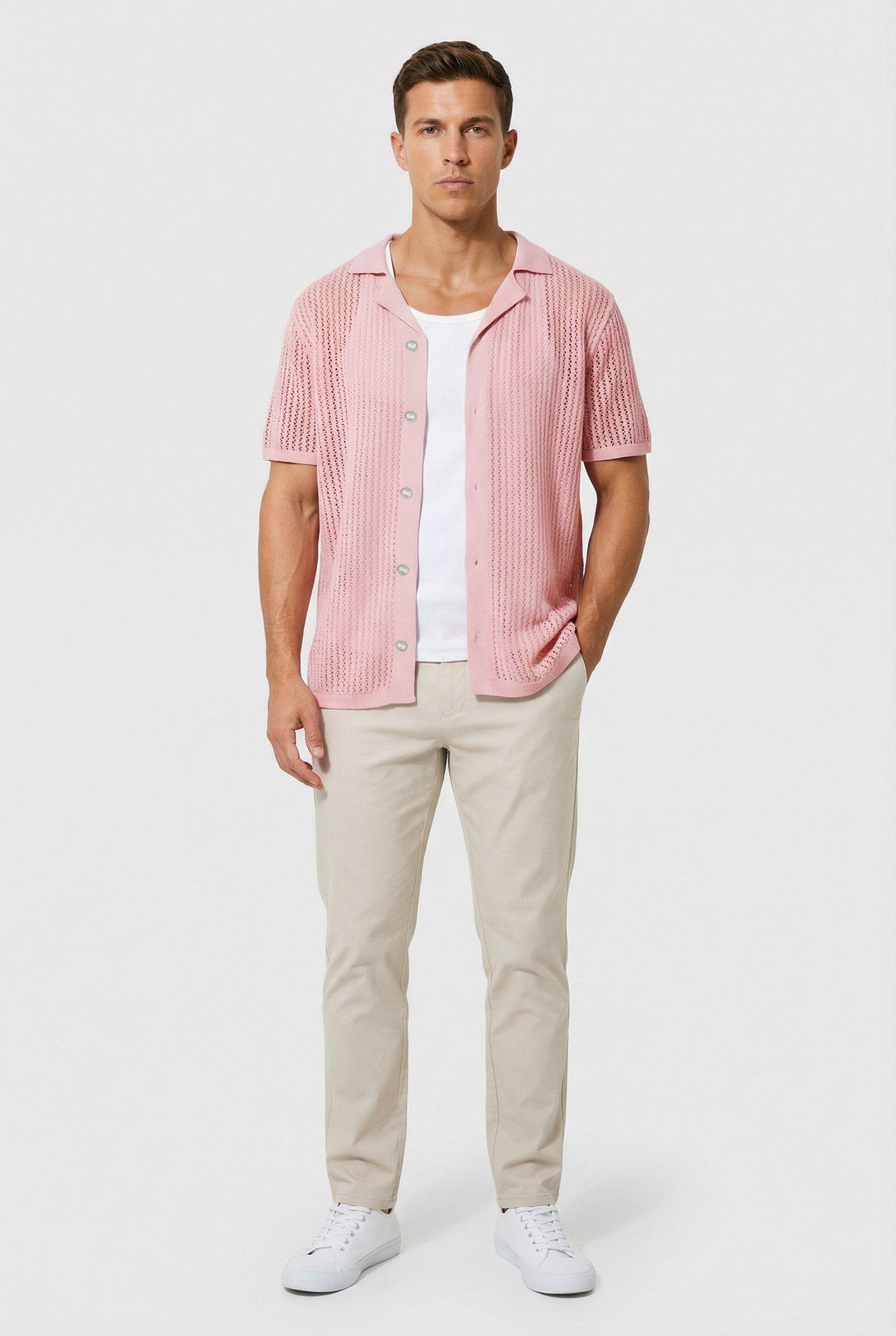 Camisa Hombre Tejido Crochet Ligero Diseño Casual Ajuste Relajado 7
