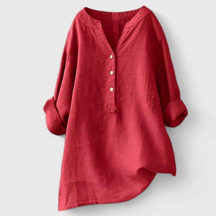 Camisa Mujer Algodón Elegante Diseño Muesca en V Mangas Enrolladas 0