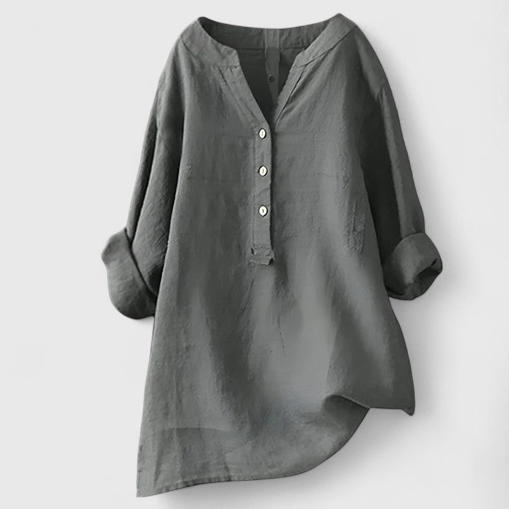 Camisa Mujer Algodón Elegante Diseño Muesca en V Mangas Enrolladas 2