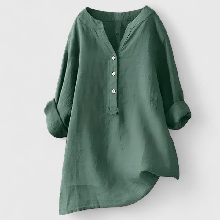 Camisa Mujer Algodón Elegante Diseño Muesca en V Mangas Enrolladas 6