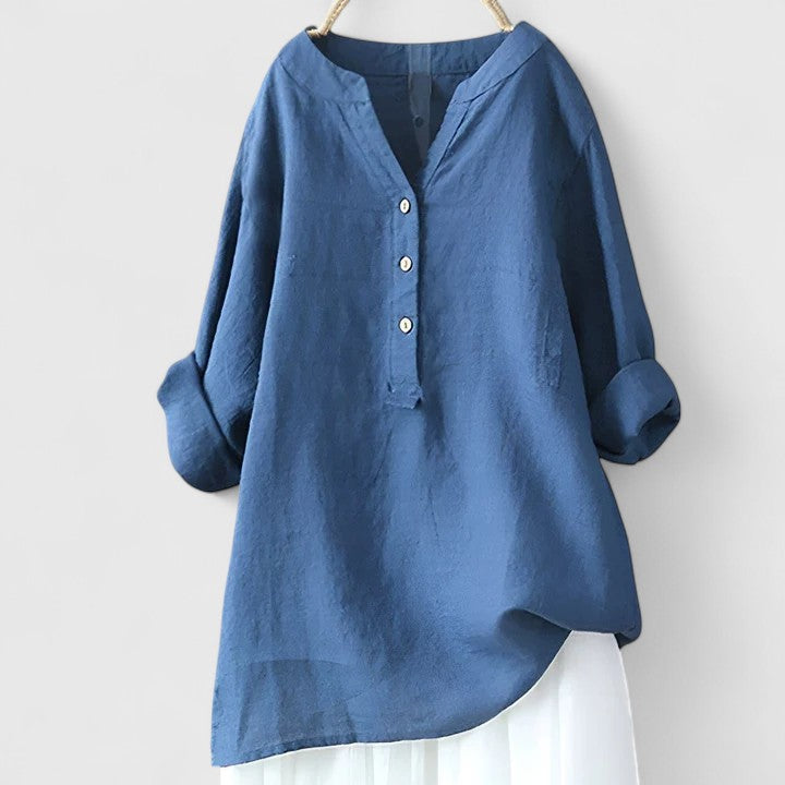 Camisa Mujer Algodón Elegante Diseño Muesca en V Mangas Enrolladas 8