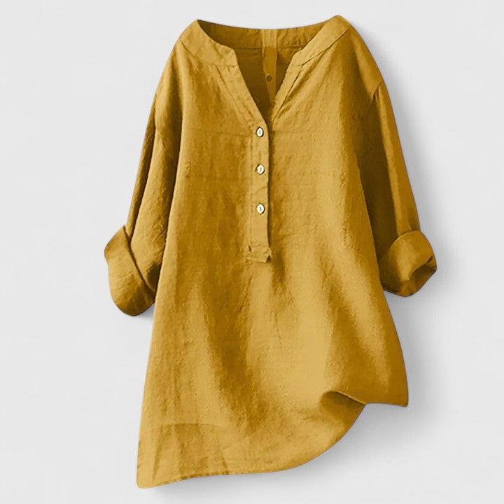 Camisa Mujer Algodón Elegante Diseño Muesca en V Mangas Enrolladas 9