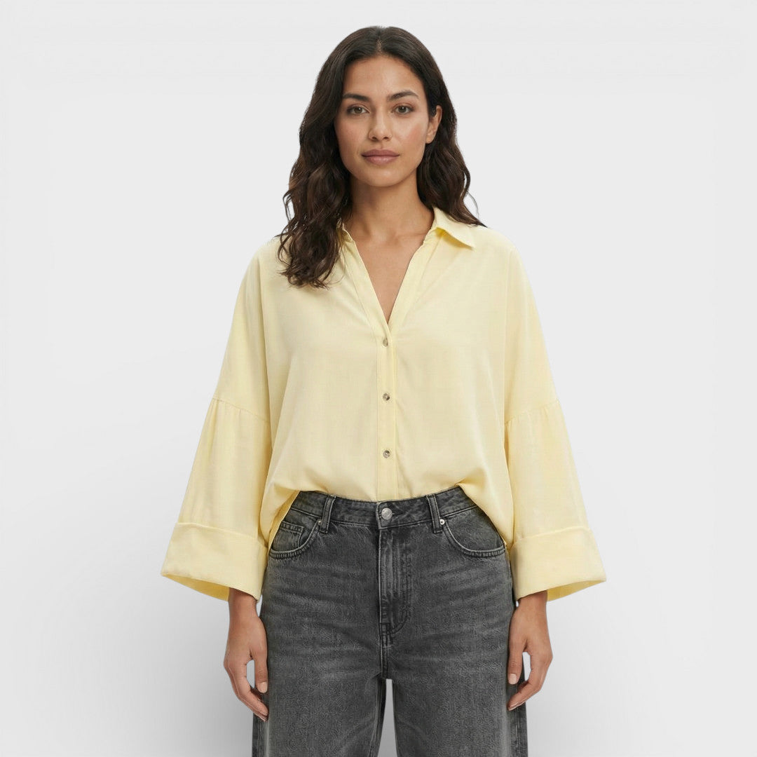 Camisa Mujer Fluida de Manga Ancha Cuello Johnny Asimétrico Casual 0