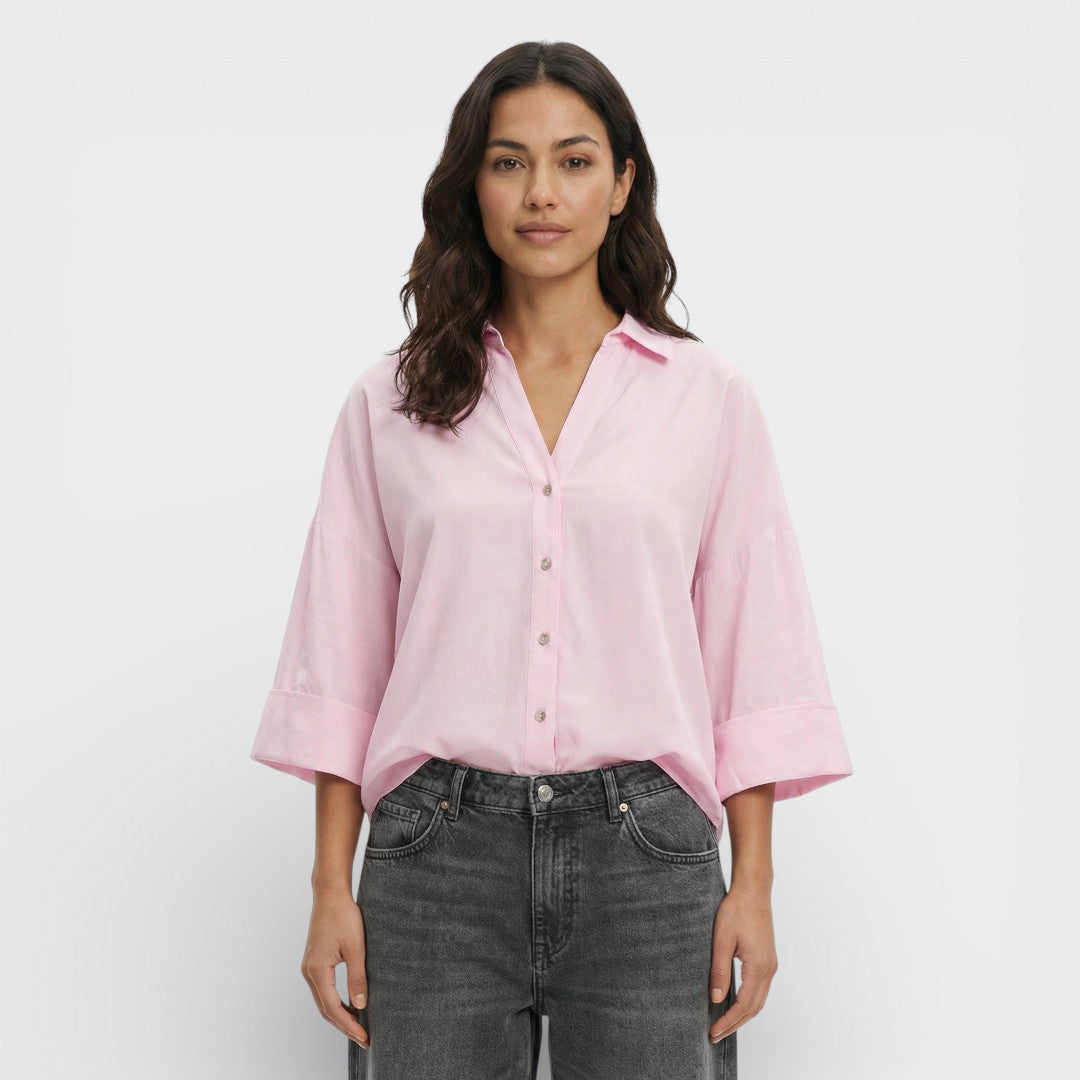 Camisa Mujer Fluida de Manga Ancha Cuello Johnny Asimétrico Casual 4