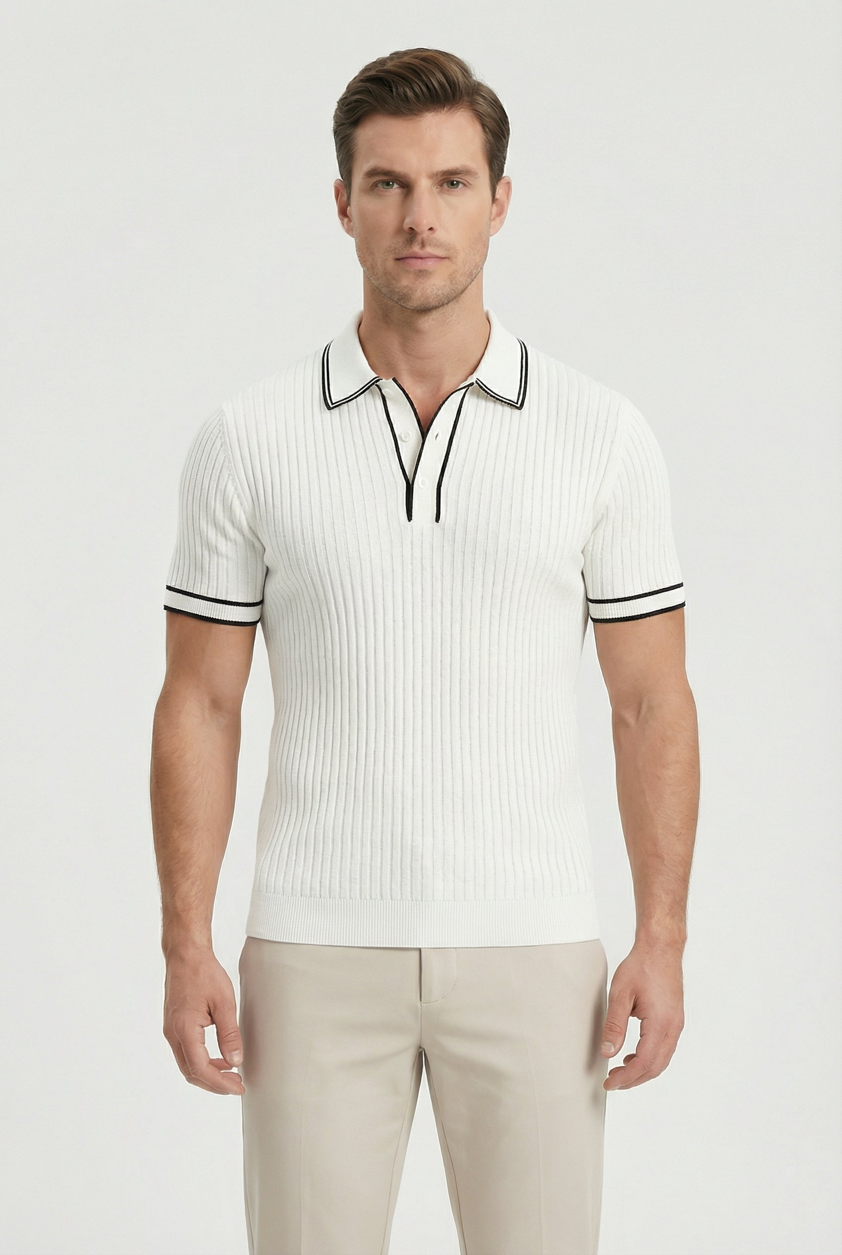 Camisa Polo Hombre Tejido de Canalé Entallado Cuello y Ribetes en Contraste 6