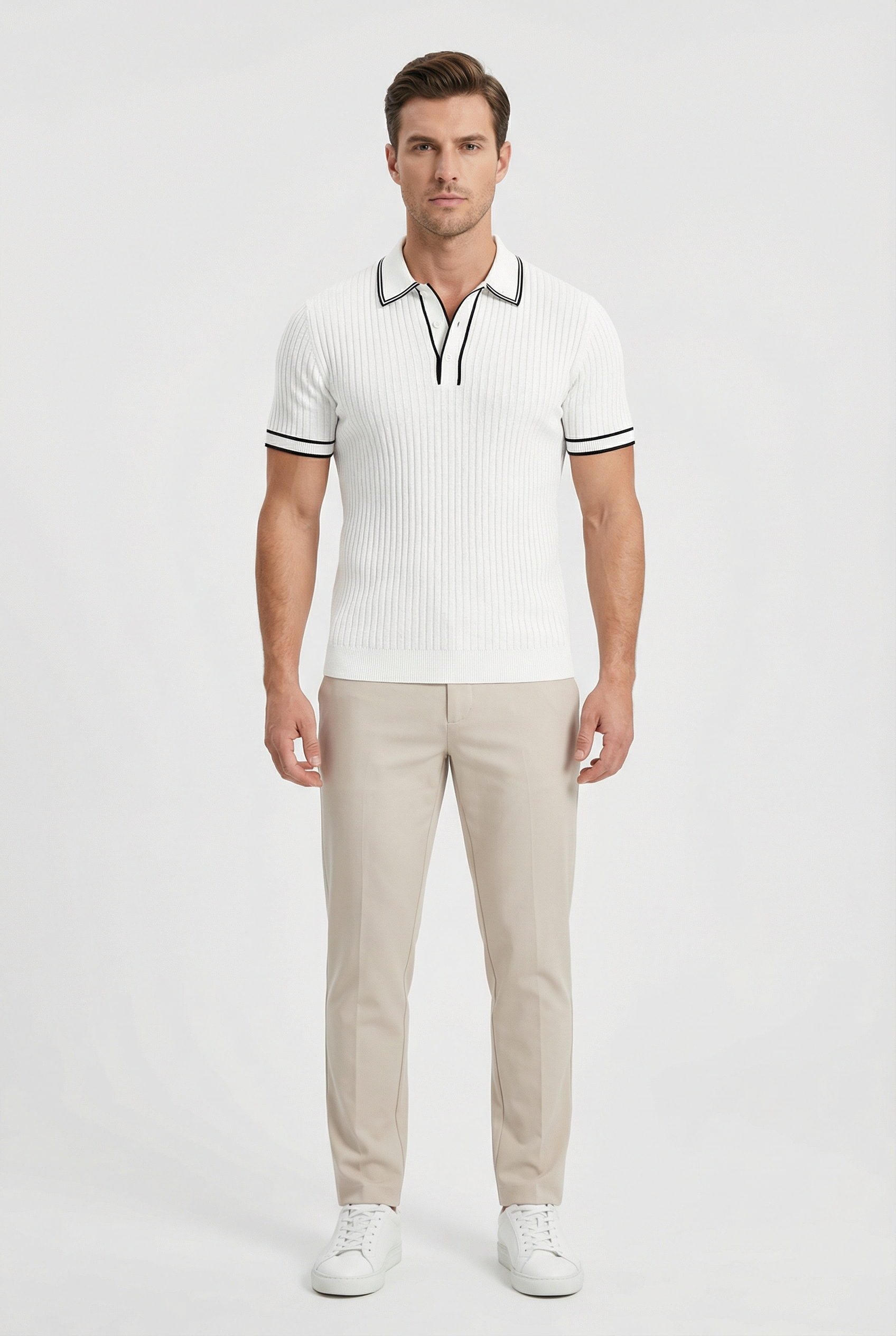Camisa Polo Hombre Tejido de Canalé Entallado Cuello y Ribetes en Contraste 7