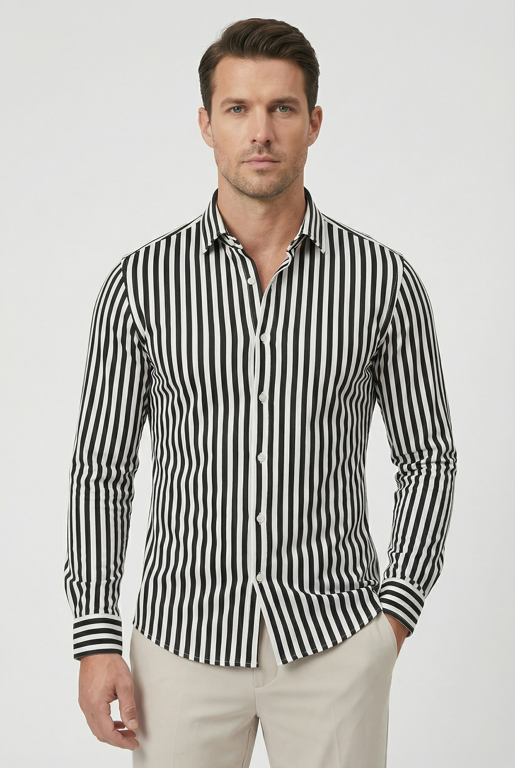 Camisa de Hombre Poliéster Rayas Verticales Manga Larga Slim Fit 4
