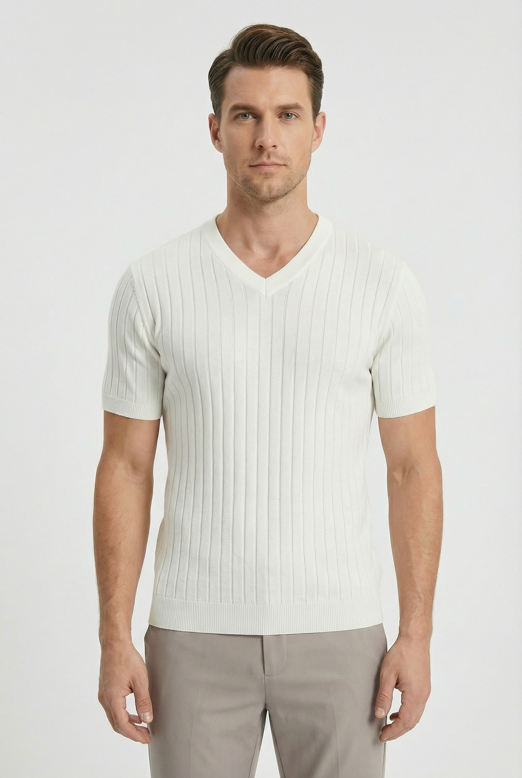 Camiseta Hombre Punto Acanalado Cuello en V Manga Corta Casual 0
