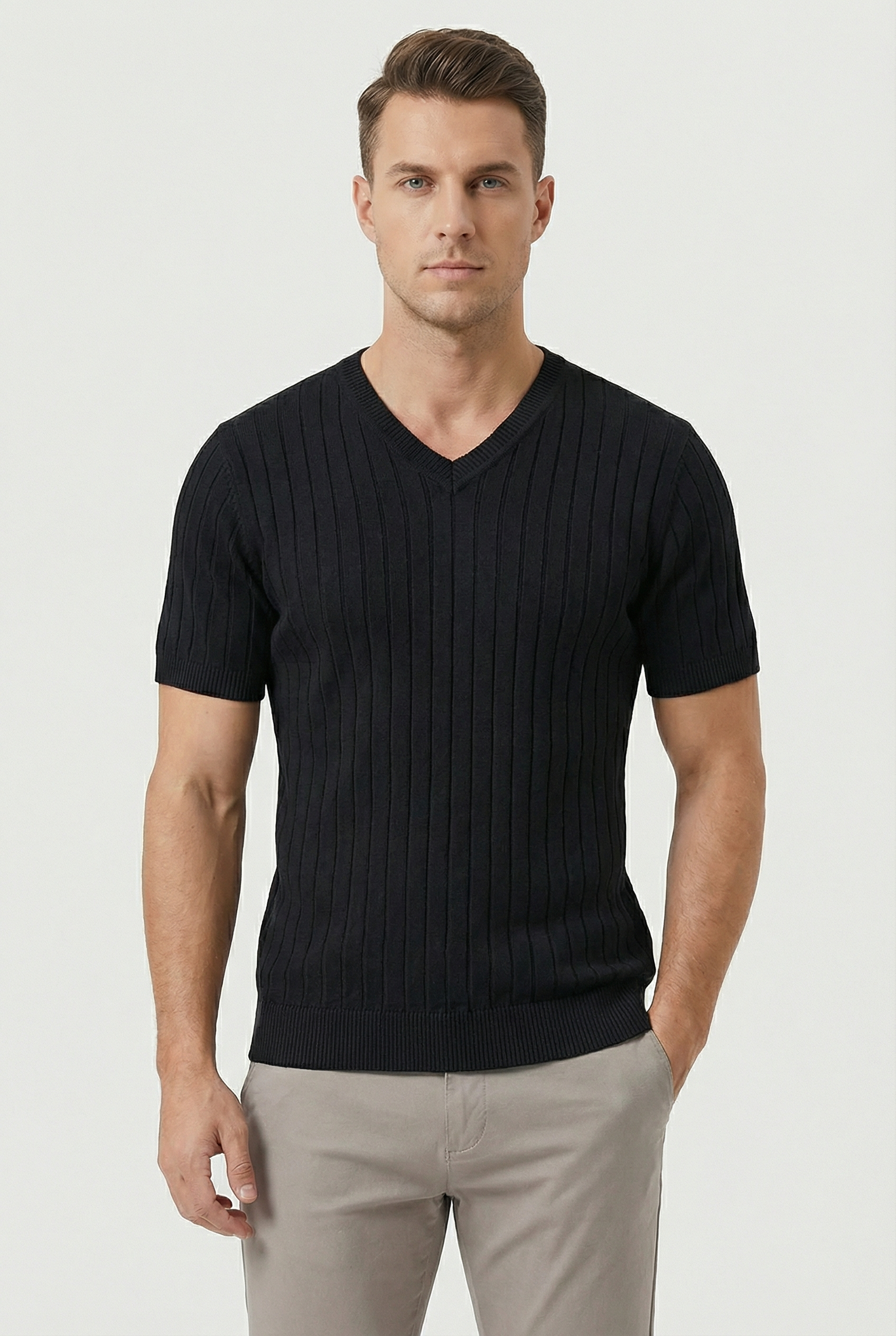 Camiseta Hombre Punto Acanalado Cuello en V Manga Corta Casual 4